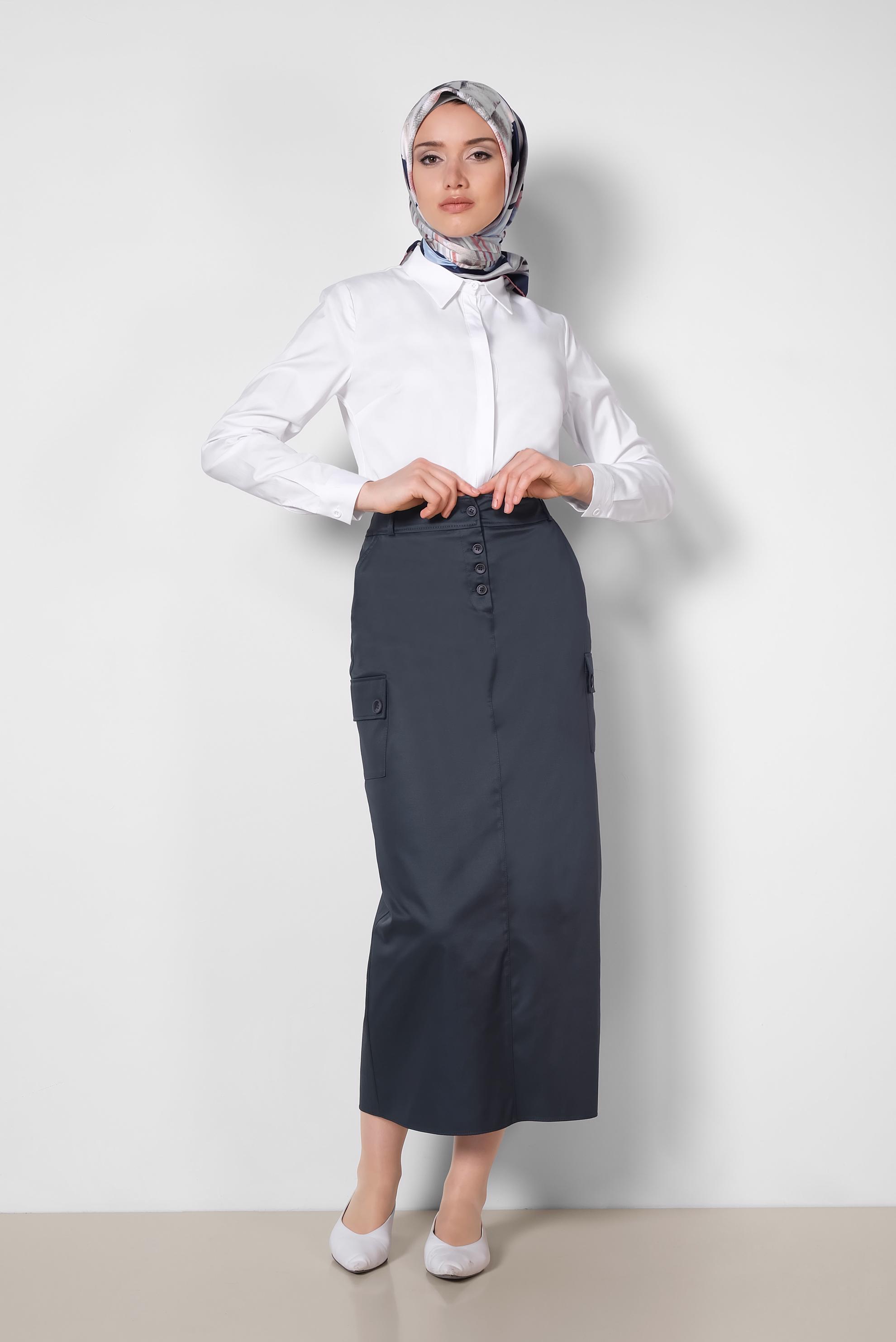 Tesettür giyim LACİVERT CEPLİ DÜĞME DETAYLI ETEK 6373	