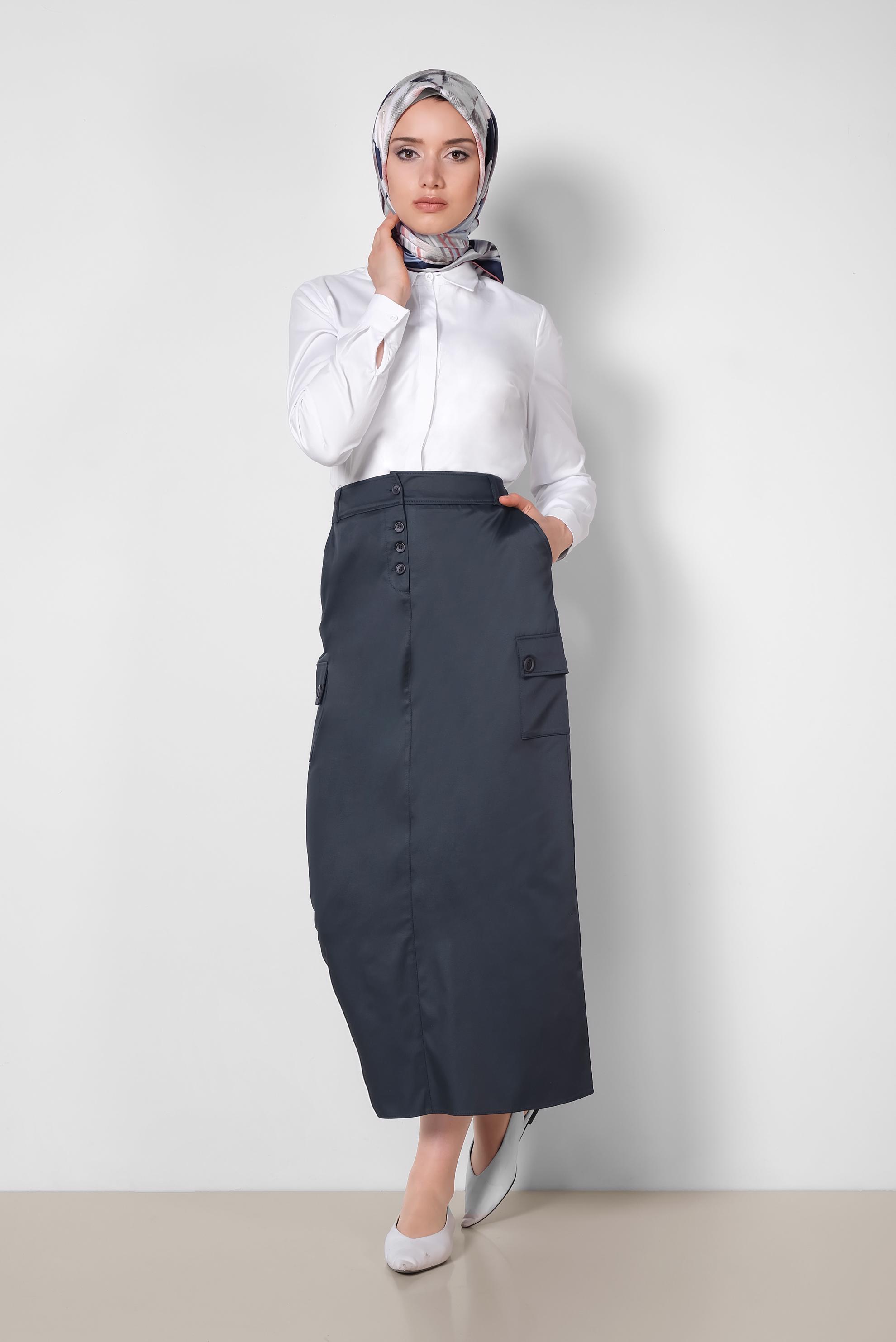 Tesettür giyim LACİVERT CEPLİ DÜĞME DETAYLI ETEK 6373	