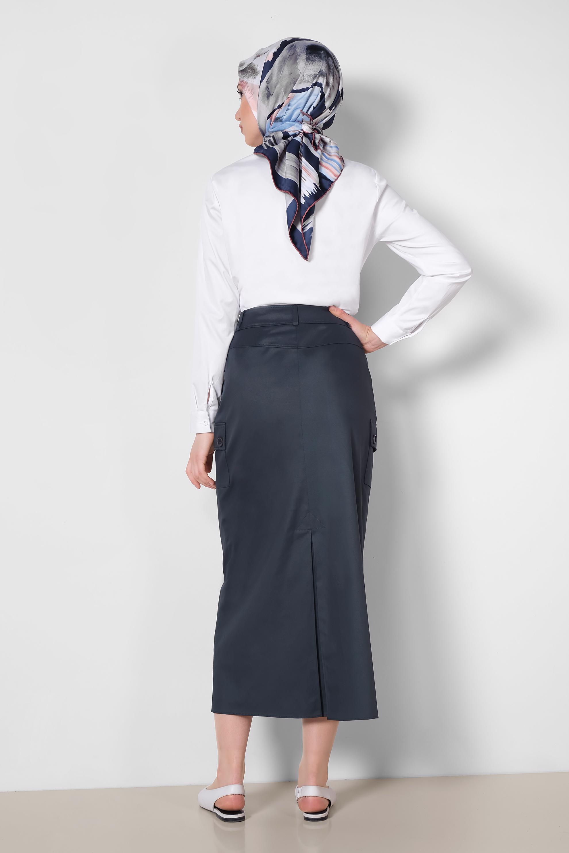 Tesettür giyim LACİVERT CEPLİ DÜĞME DETAYLI ETEK 6373	