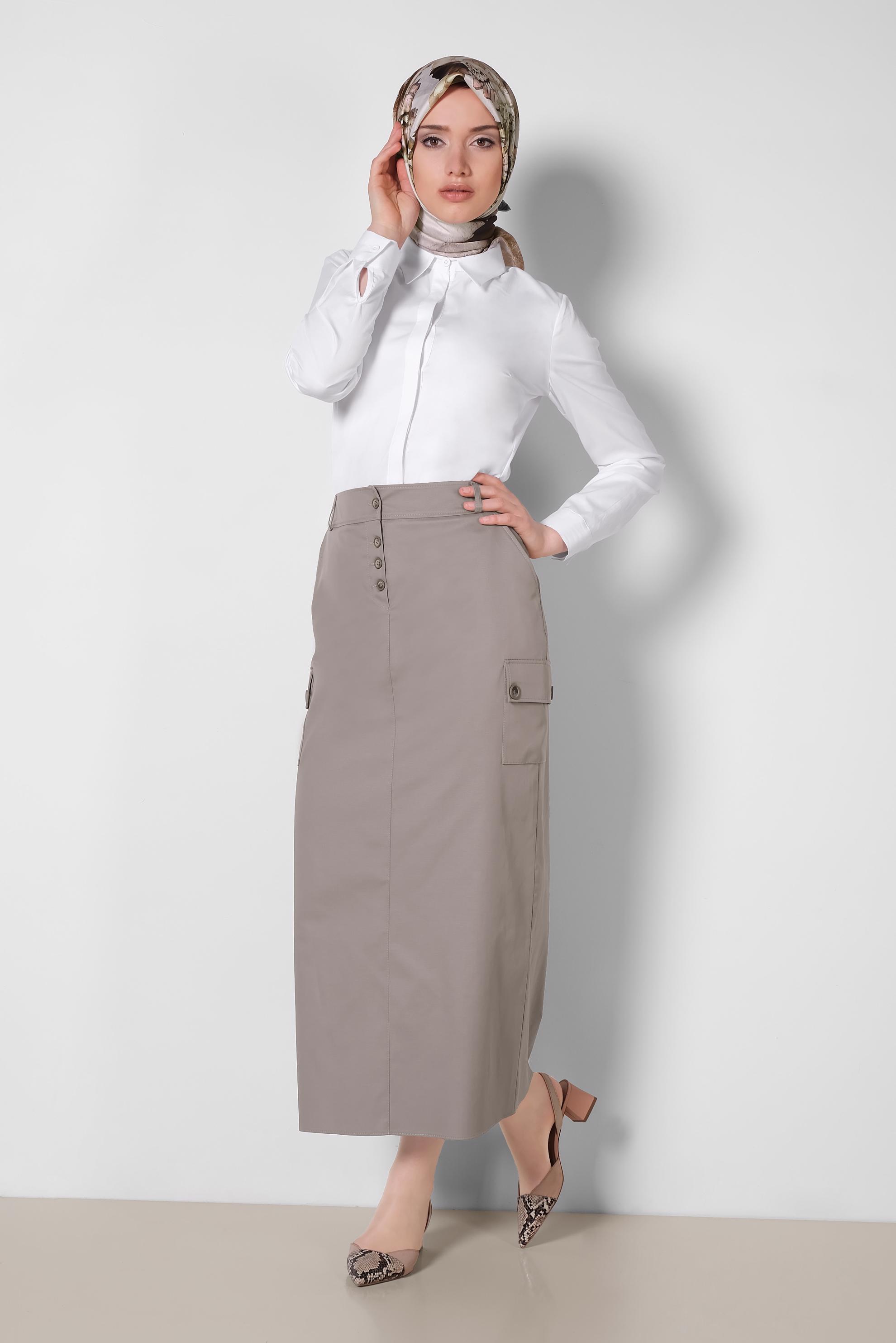 Tesettür giyim VİZON CEPLİ DÜĞME DETAYLI ETEK 6373	