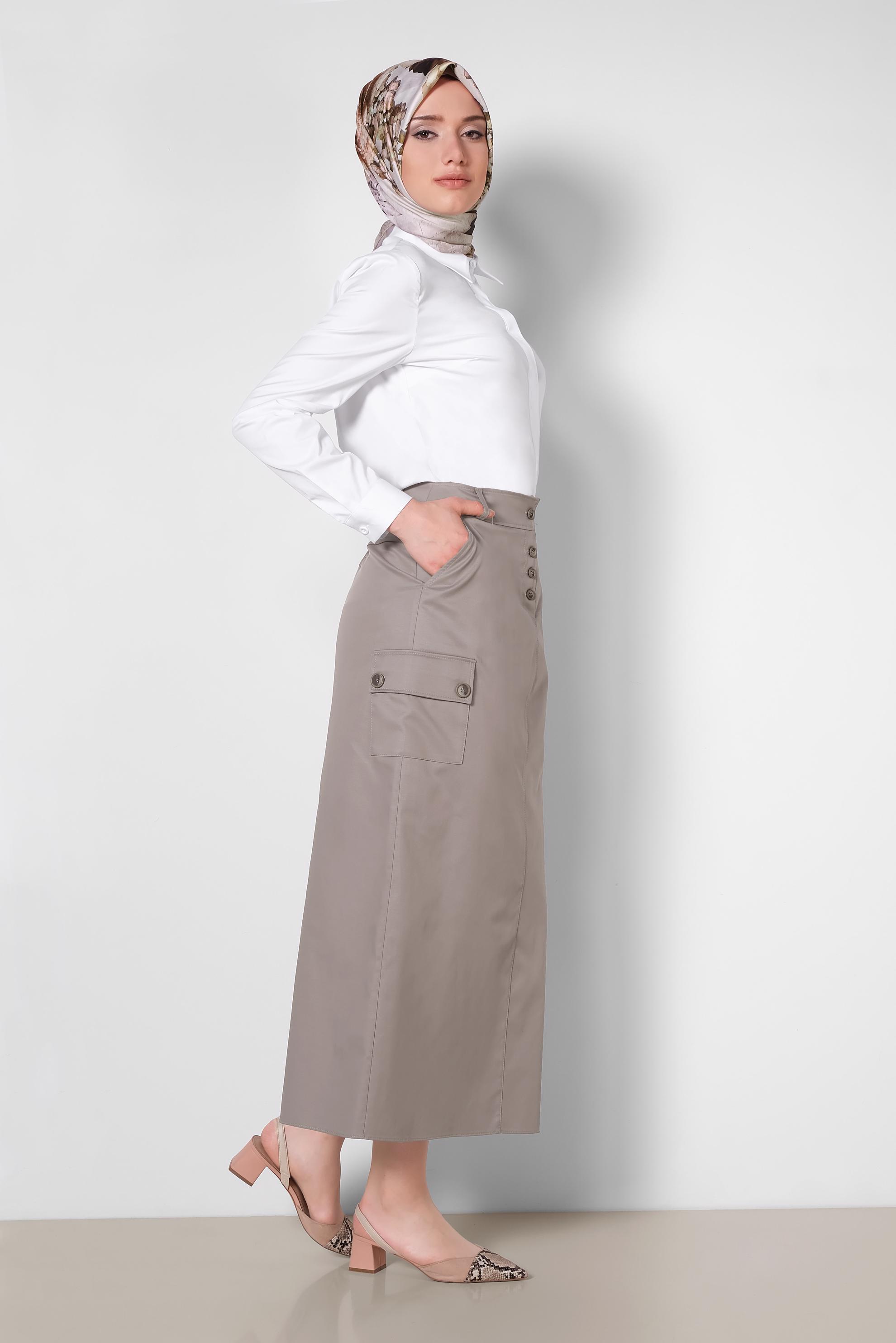 Tesettür giyim VİZON CEPLİ DÜĞME DETAYLI ETEK 6373	