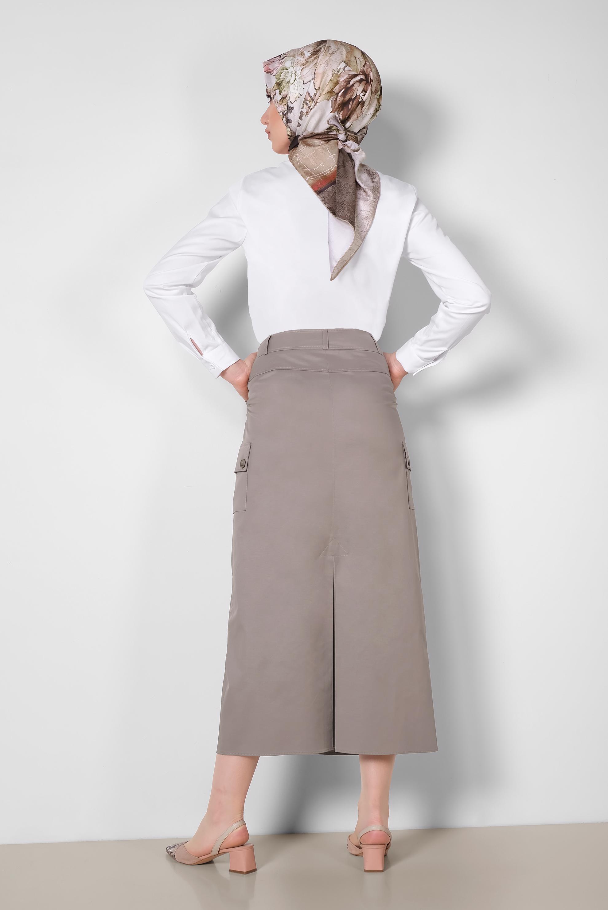 Tesettür giyim VİZON CEPLİ DÜĞME DETAYLI ETEK 6373	