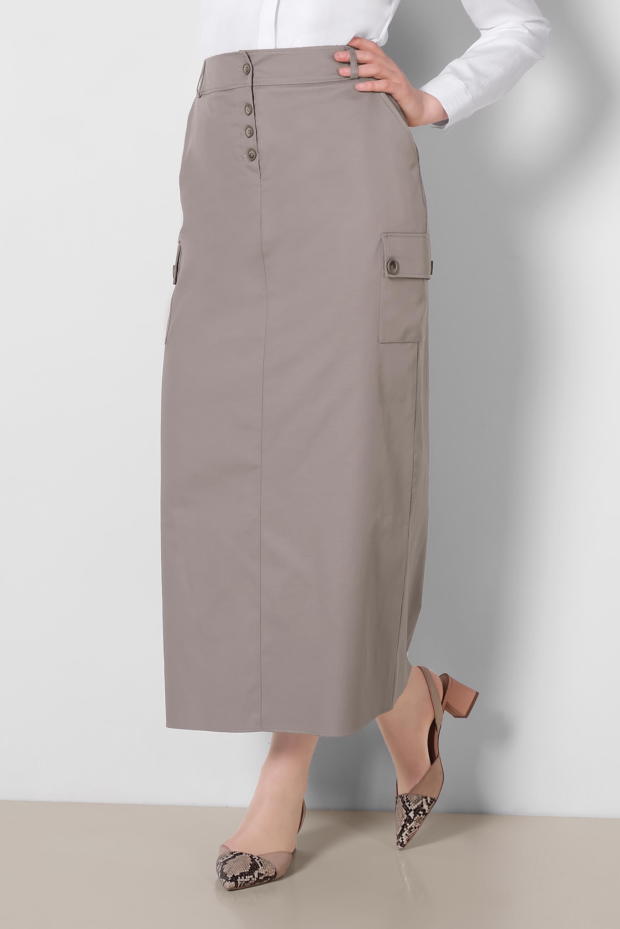 Tesettür giyim VİZON CEPLİ DÜĞME DETAYLI ETEK 6373	