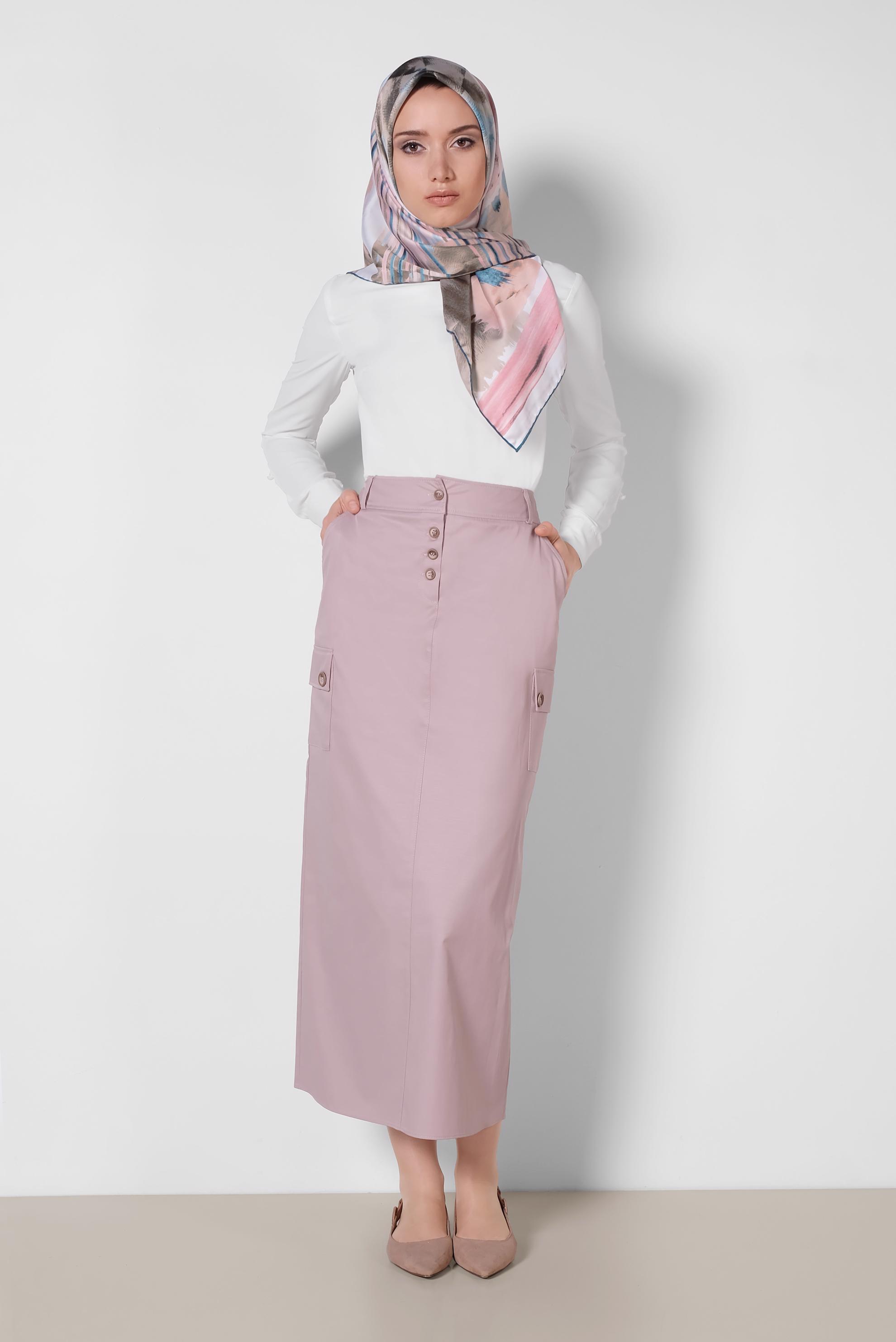 Tesettür giyim PUDRA CEPLİ DÜĞME DETAYLI ETEK 6373	