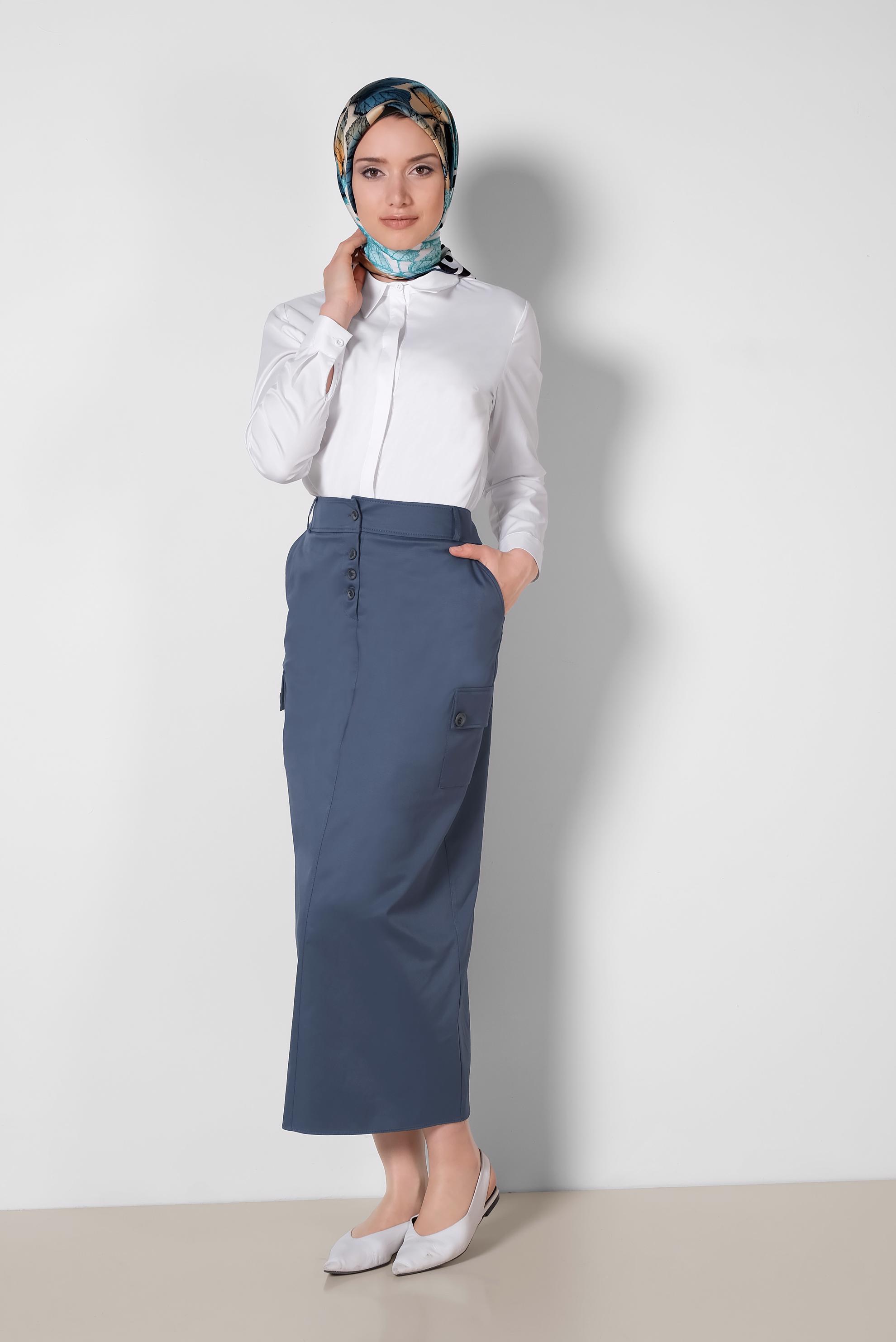 Tesettür giyim LACİVERT CEPLİ DÜĞME DETAYLI ETEK 6373	