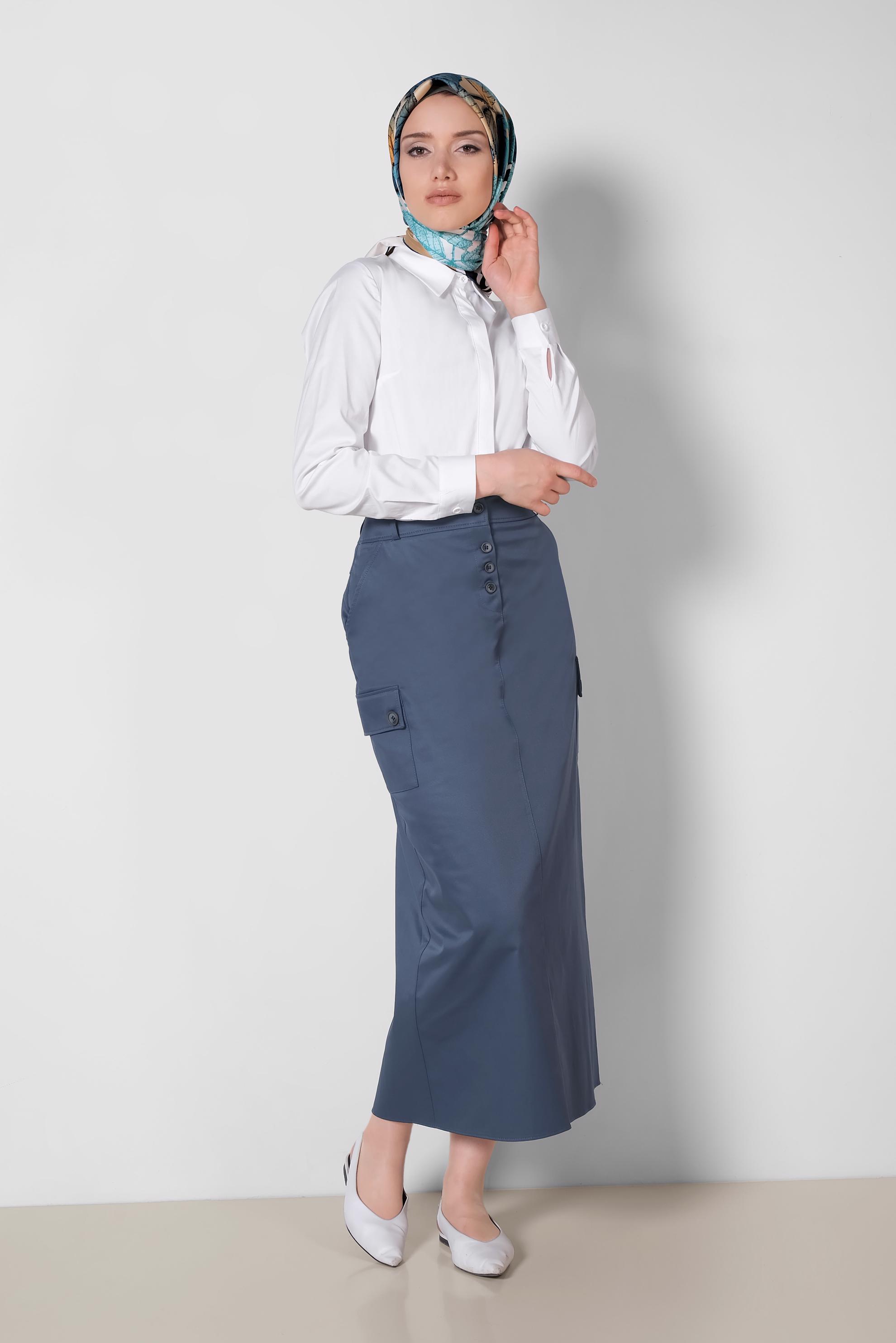 Tesettür giyim LACİVERT CEPLİ DÜĞME DETAYLI ETEK 6373	