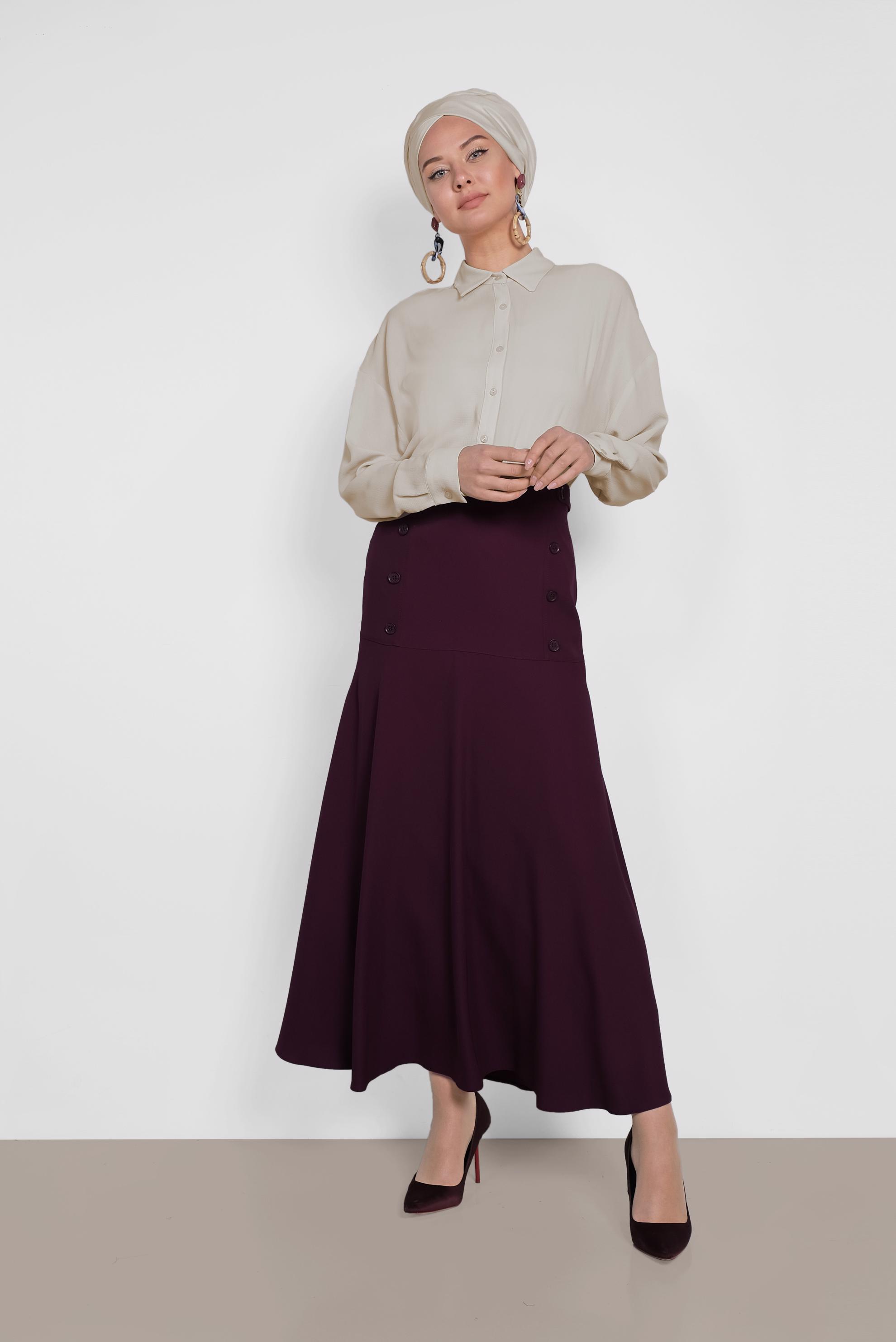 Tesettür giyim MOR DÜĞME DETAYLI ETEK 6375