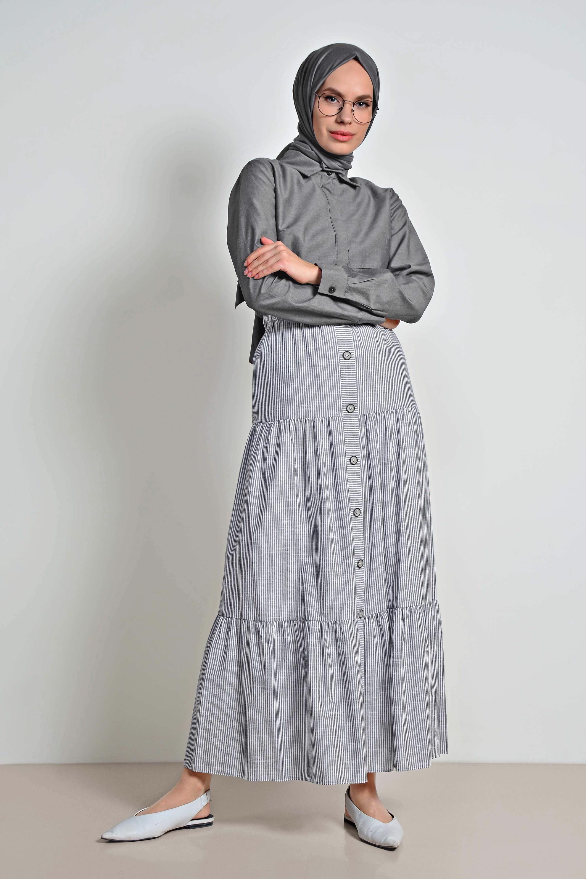 Tesettür giyim SİYAH BELİ LASTİKLİ ÇİZGİ DESENLİ PAMUKLU ETEK 6376