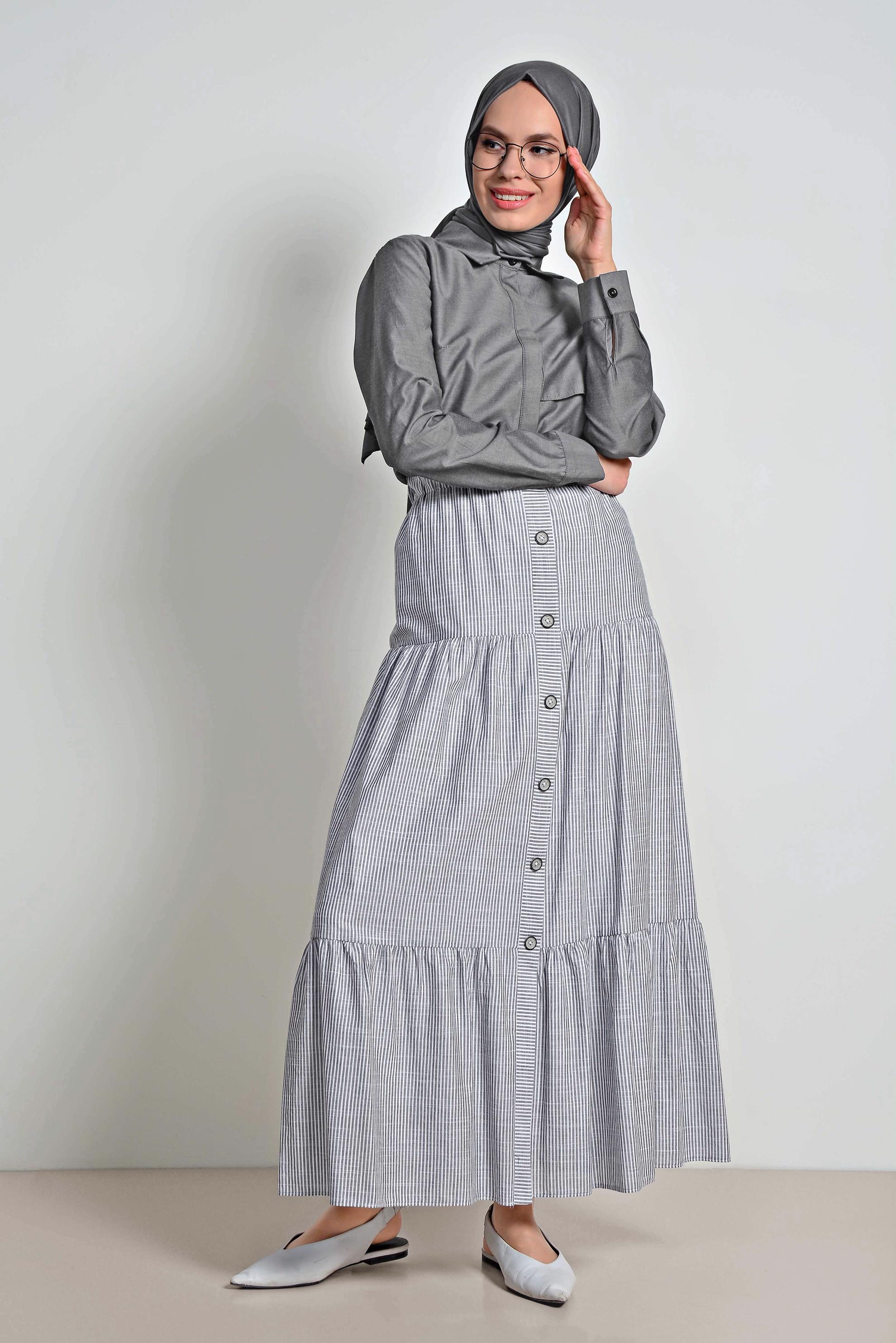 Tesettür giyim SİYAH BELİ LASTİKLİ ÇİZGİ DESENLİ PAMUKLU ETEK 6376