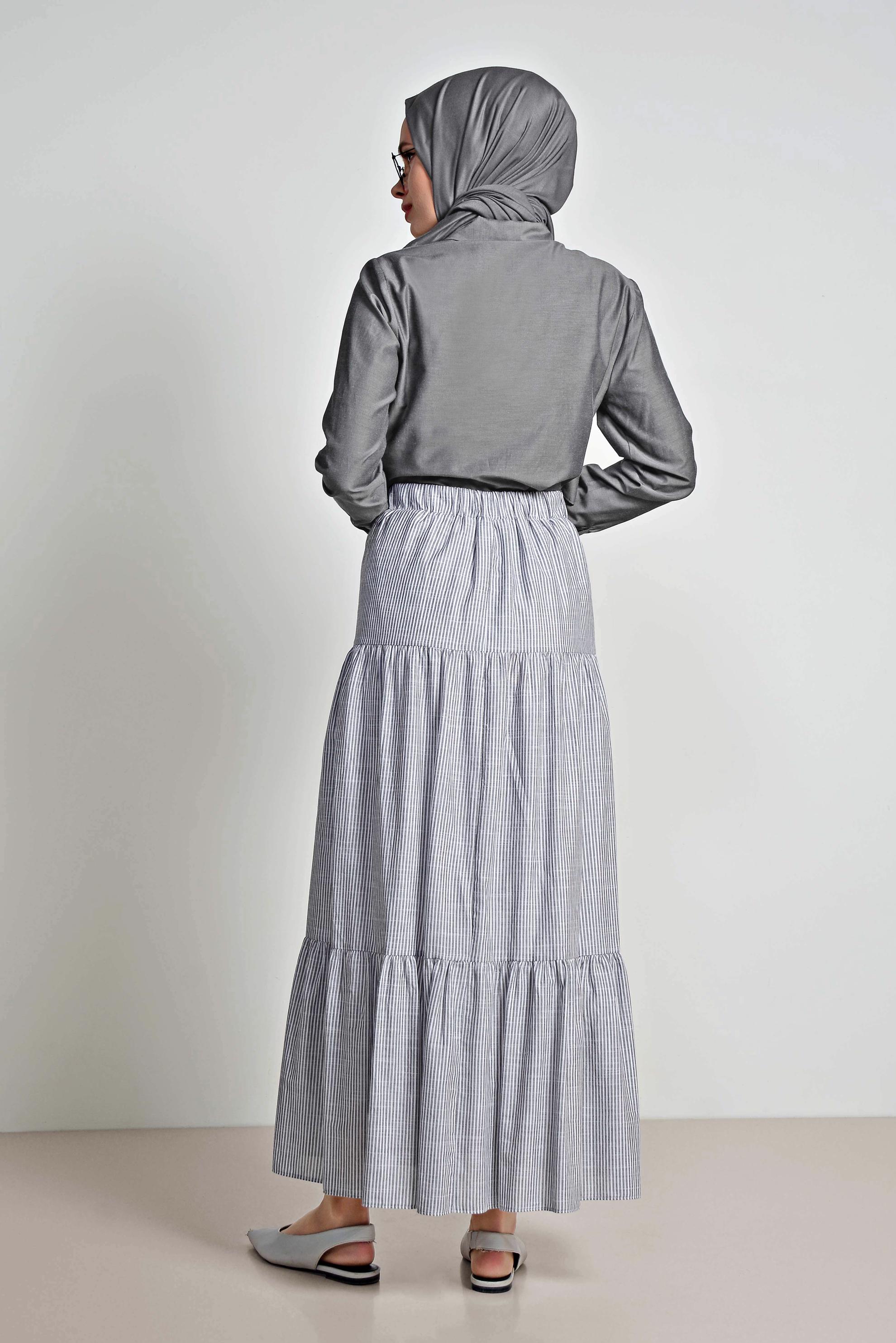 Tesettür giyim SİYAH BELİ LASTİKLİ ÇİZGİ DESENLİ PAMUKLU ETEK 6376