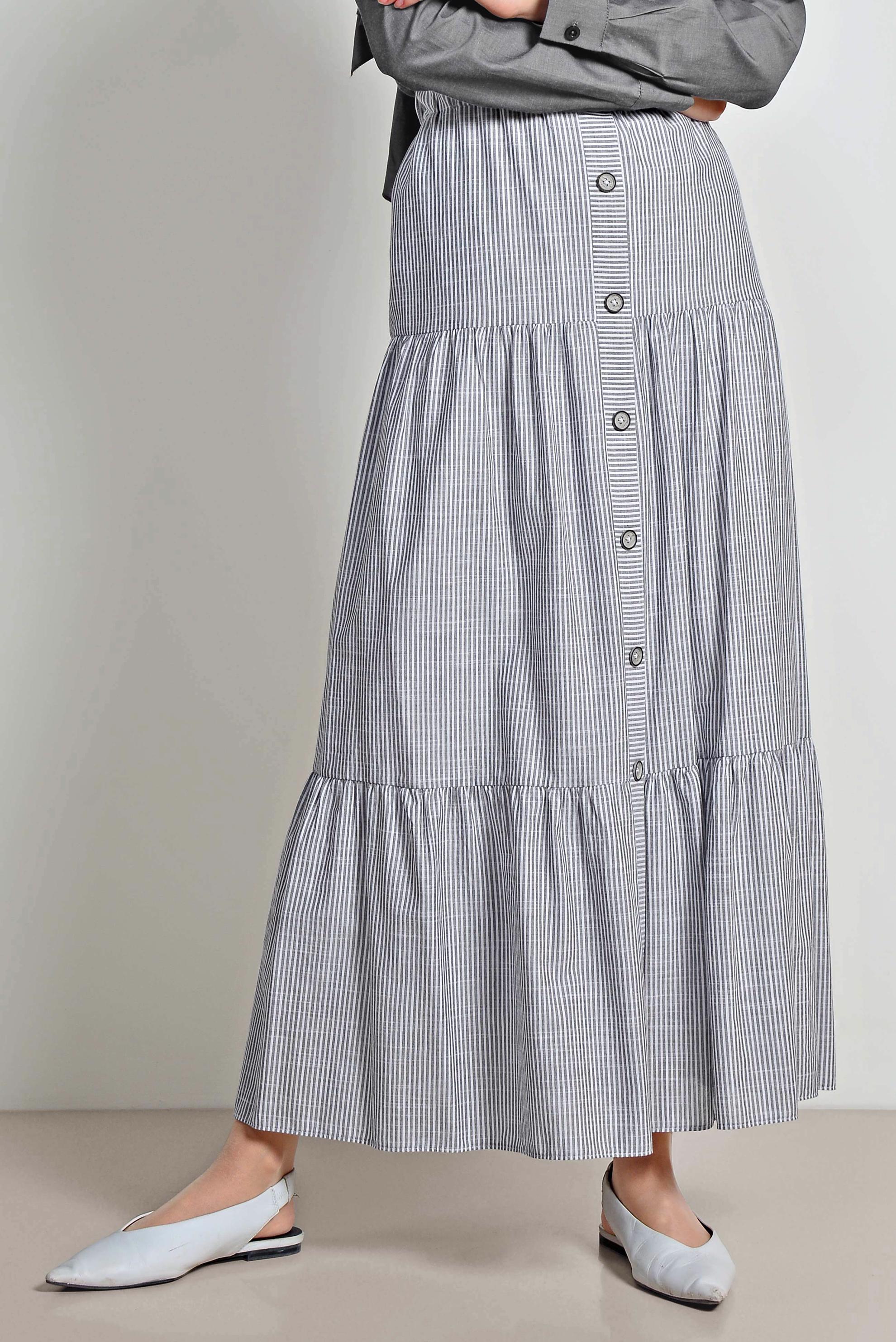 Tesettür giyim SİYAH BELİ LASTİKLİ ÇİZGİ DESENLİ PAMUKLU ETEK 6376