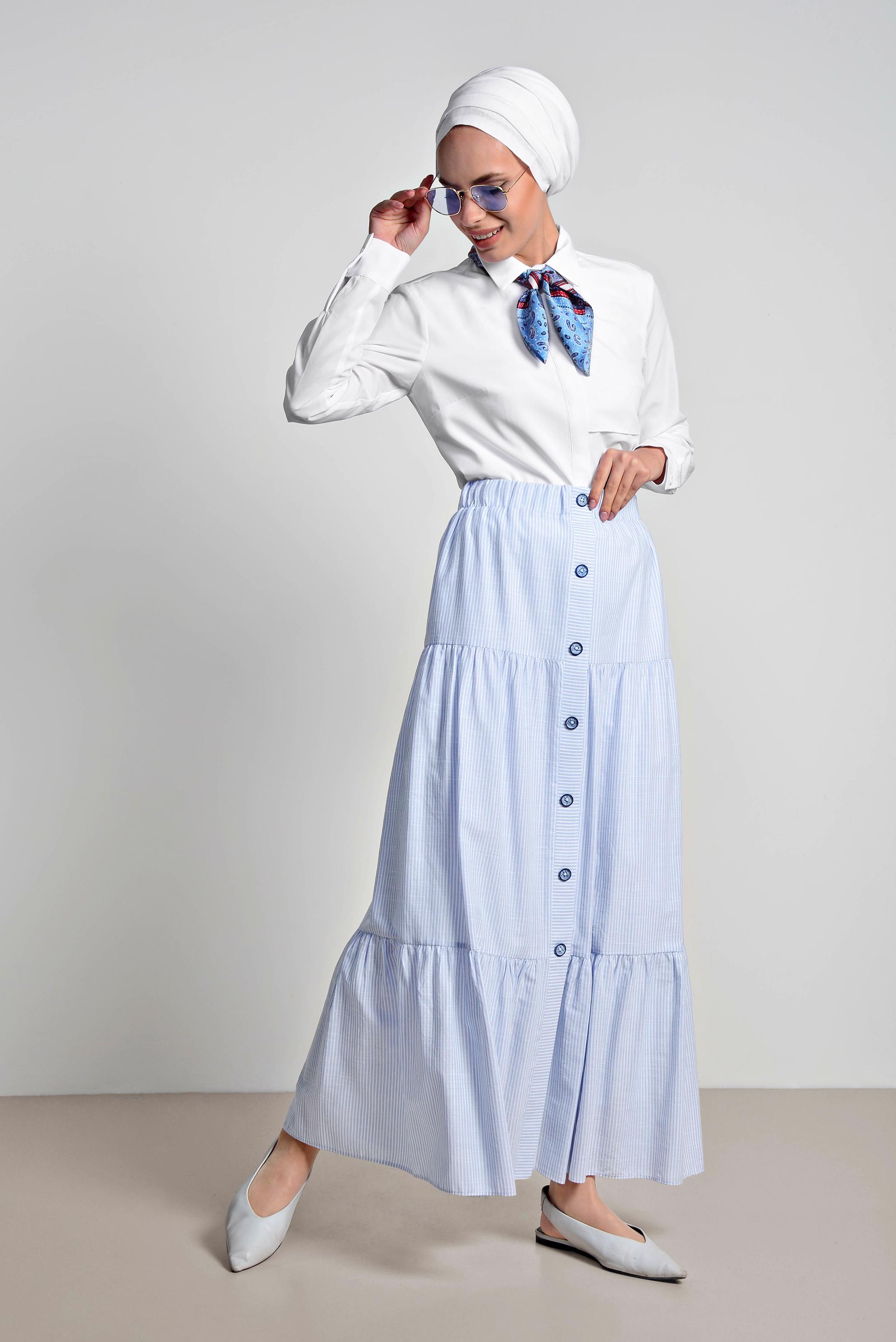 Tesettür giyim MAVİ BELİ LASTİKLİ ÇİZGİ DESENLİ PAMUKLU ETEK 6376