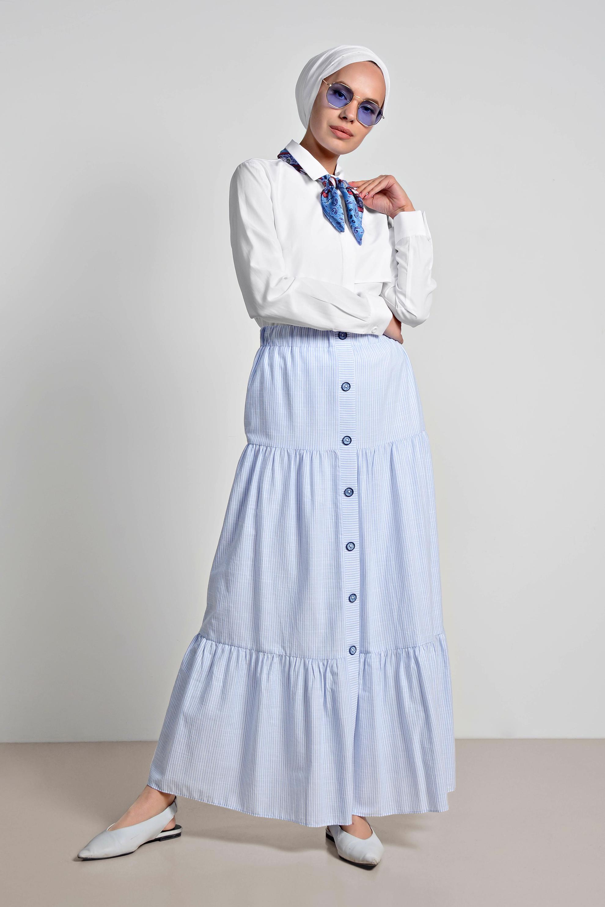 Tesettür giyim MAVİ BELİ LASTİKLİ ÇİZGİ DESENLİ PAMUKLU ETEK 6376