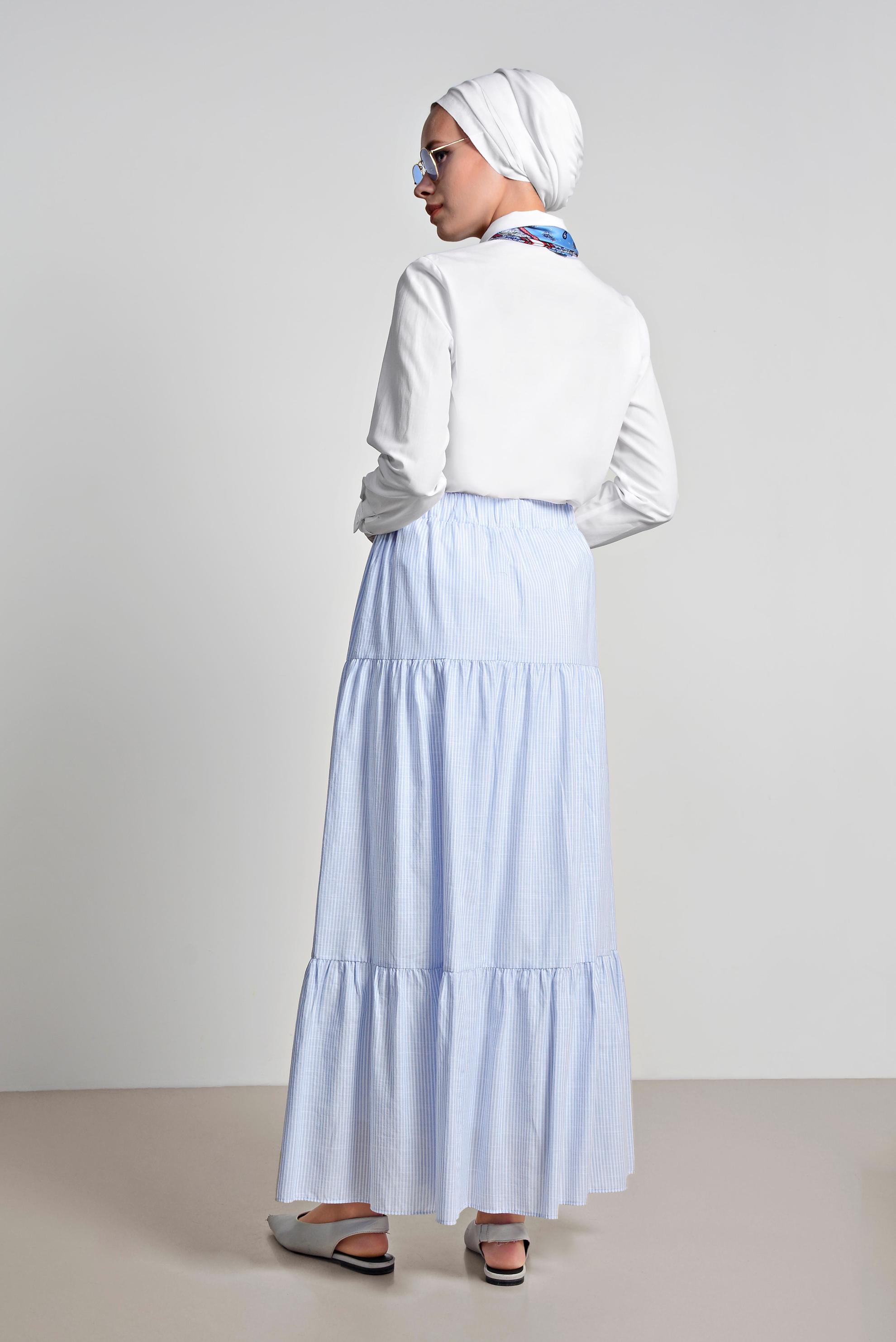 Tesettür giyim MAVİ BELİ LASTİKLİ ÇİZGİ DESENLİ PAMUKLU ETEK 6376