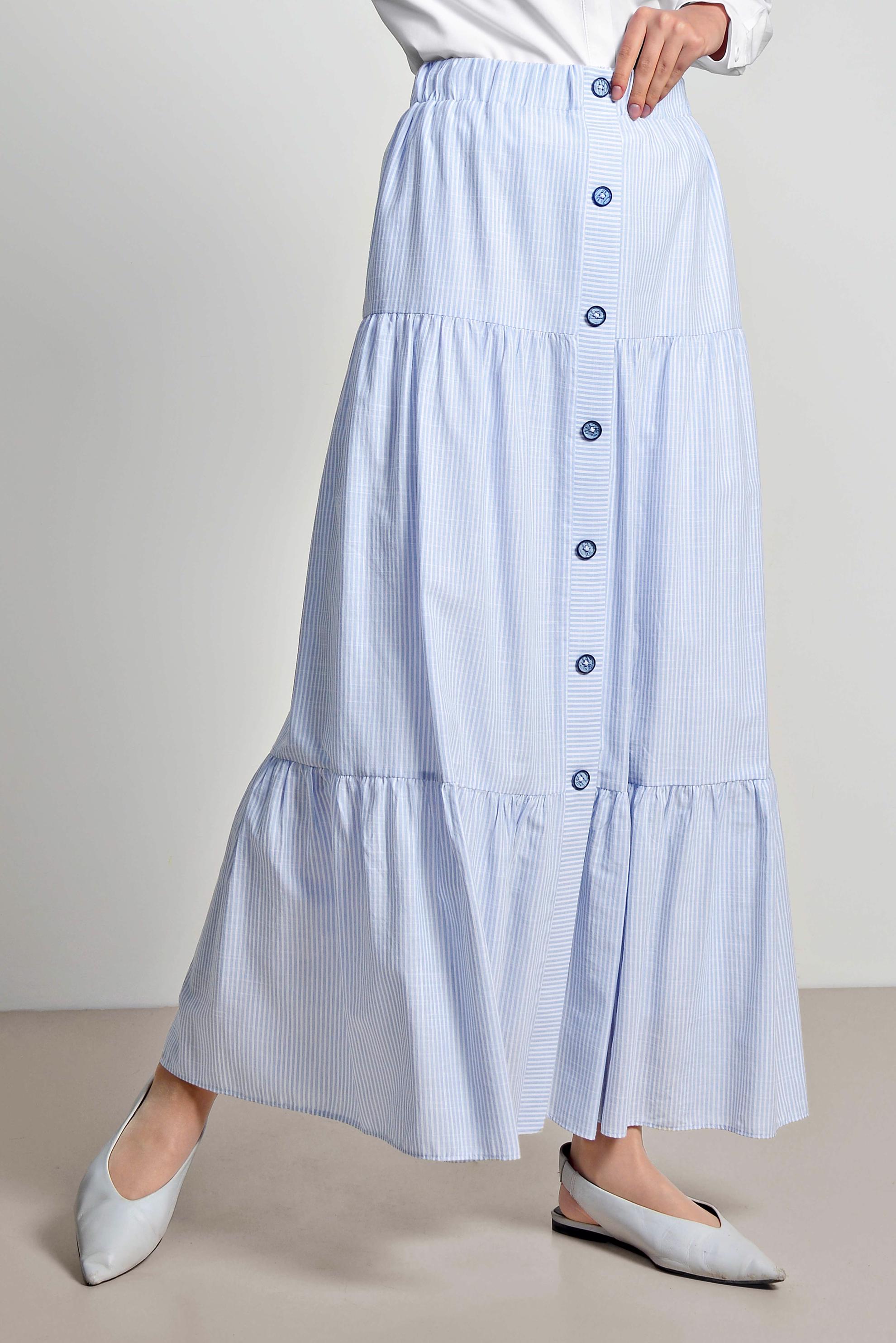 Tesettür giyim MAVİ BELİ LASTİKLİ ÇİZGİ DESENLİ PAMUKLU ETEK 6376