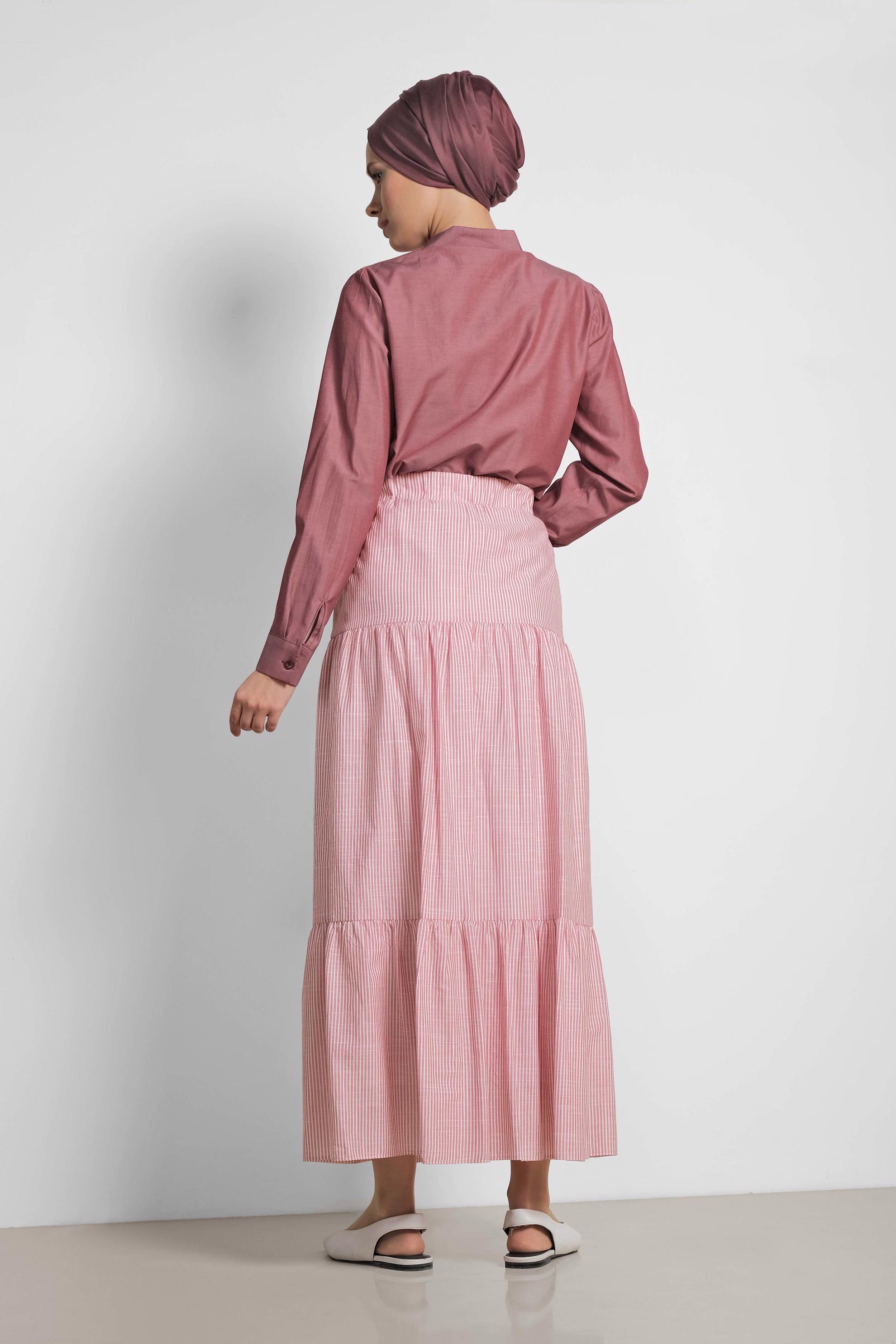 Tesettür giyim KIRMIZI BELİ LASTİKLİ ÇİZGİ DESENLİ PAMUKLU ETEK 6376