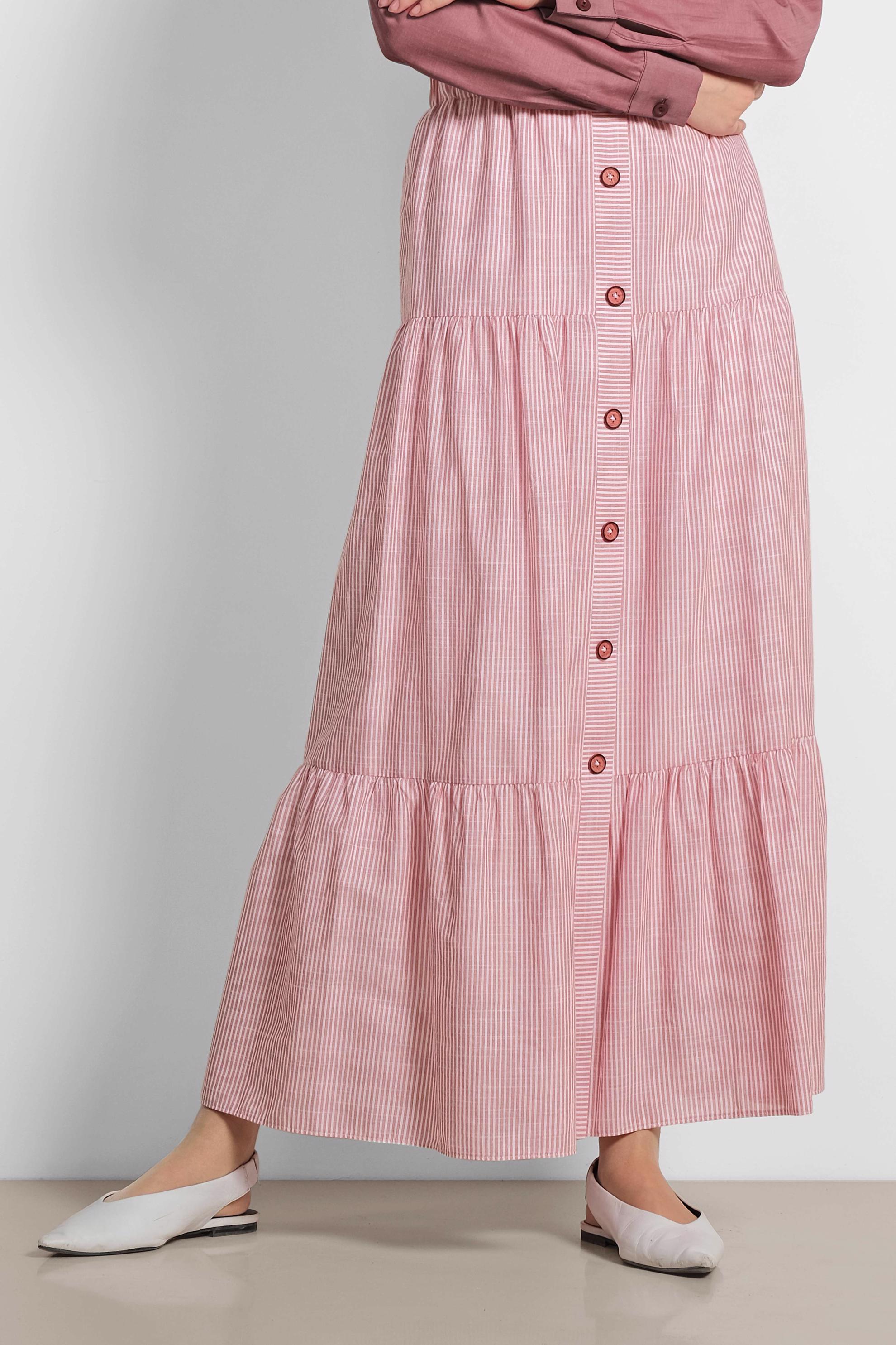 Tesettür giyim KIRMIZI BELİ LASTİKLİ ÇİZGİ DESENLİ PAMUKLU ETEK 6376