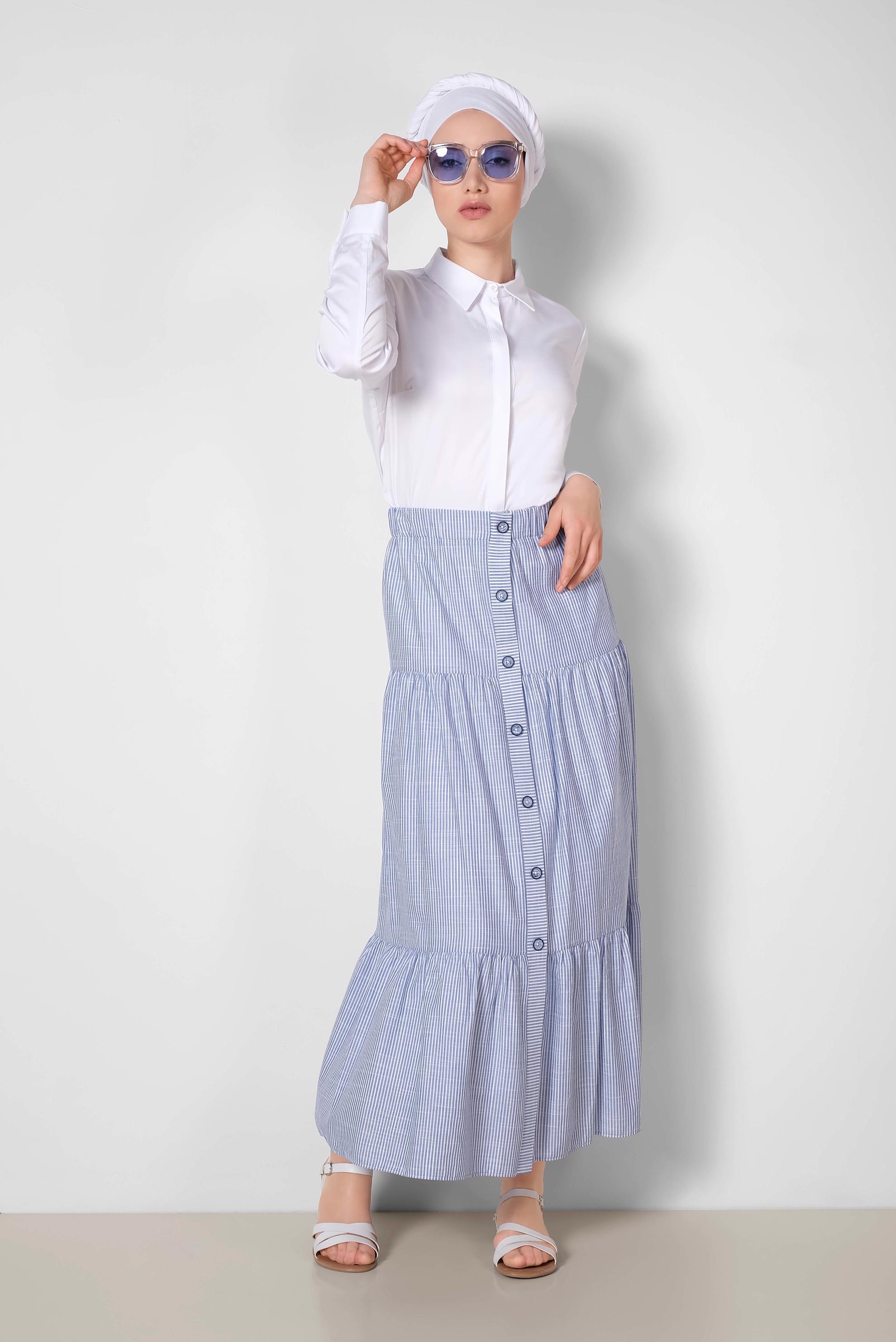 Tesettür giyim LACİVERT BELİ LASTİKLİ ÇİZGİ DESENLİ PAMUKLU ETEK 6376