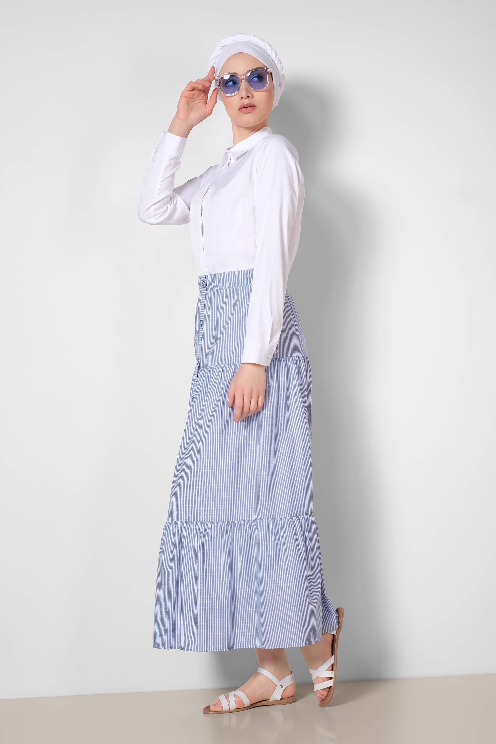 Tesettür giyim LACİVERT BELİ LASTİKLİ ÇİZGİ DESENLİ PAMUKLU ETEK 6376