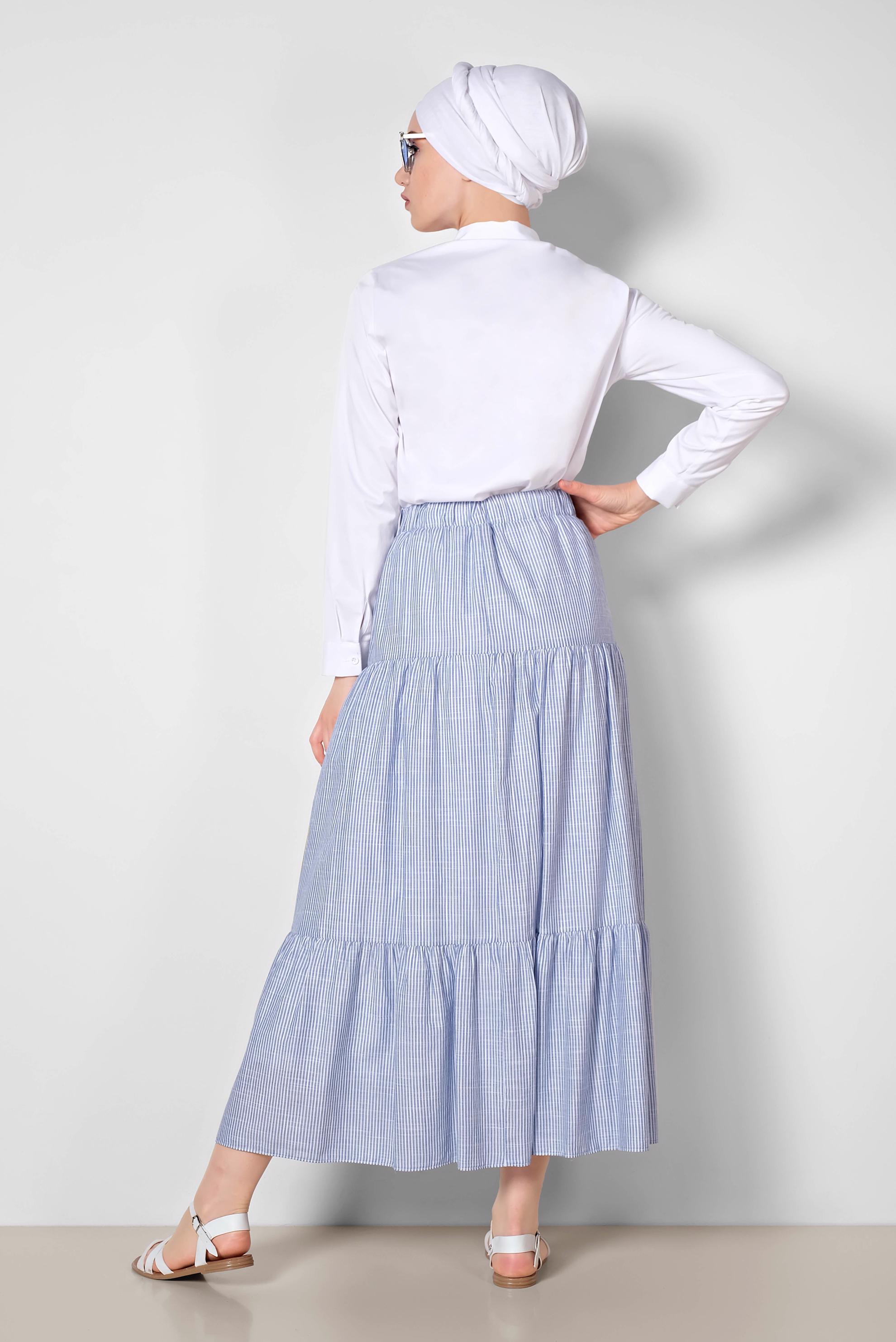 Tesettür giyim LACİVERT BELİ LASTİKLİ ÇİZGİ DESENLİ PAMUKLU ETEK 6376