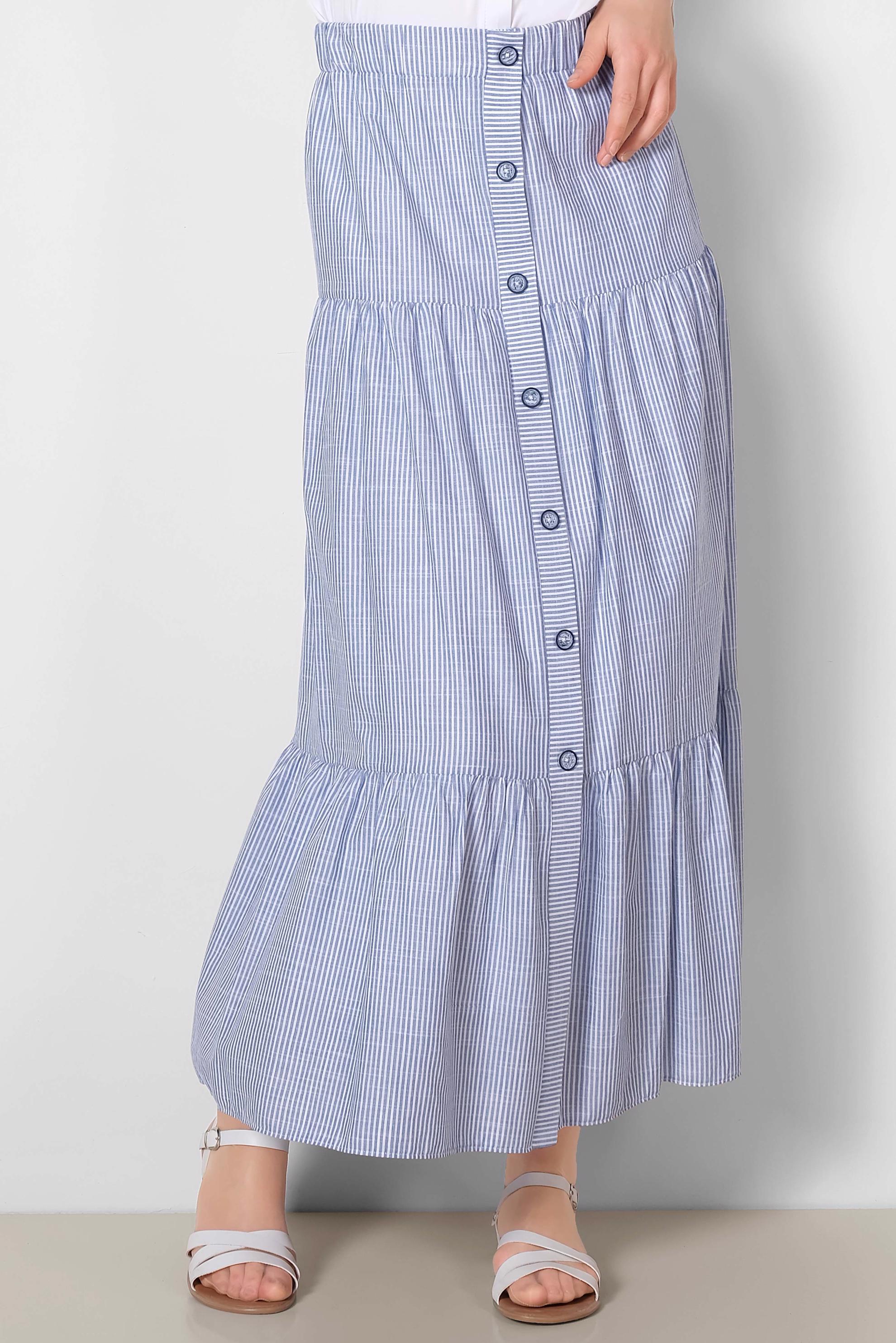 Tesettür giyim LACİVERT BELİ LASTİKLİ ÇİZGİ DESENLİ PAMUKLU ETEK 6376