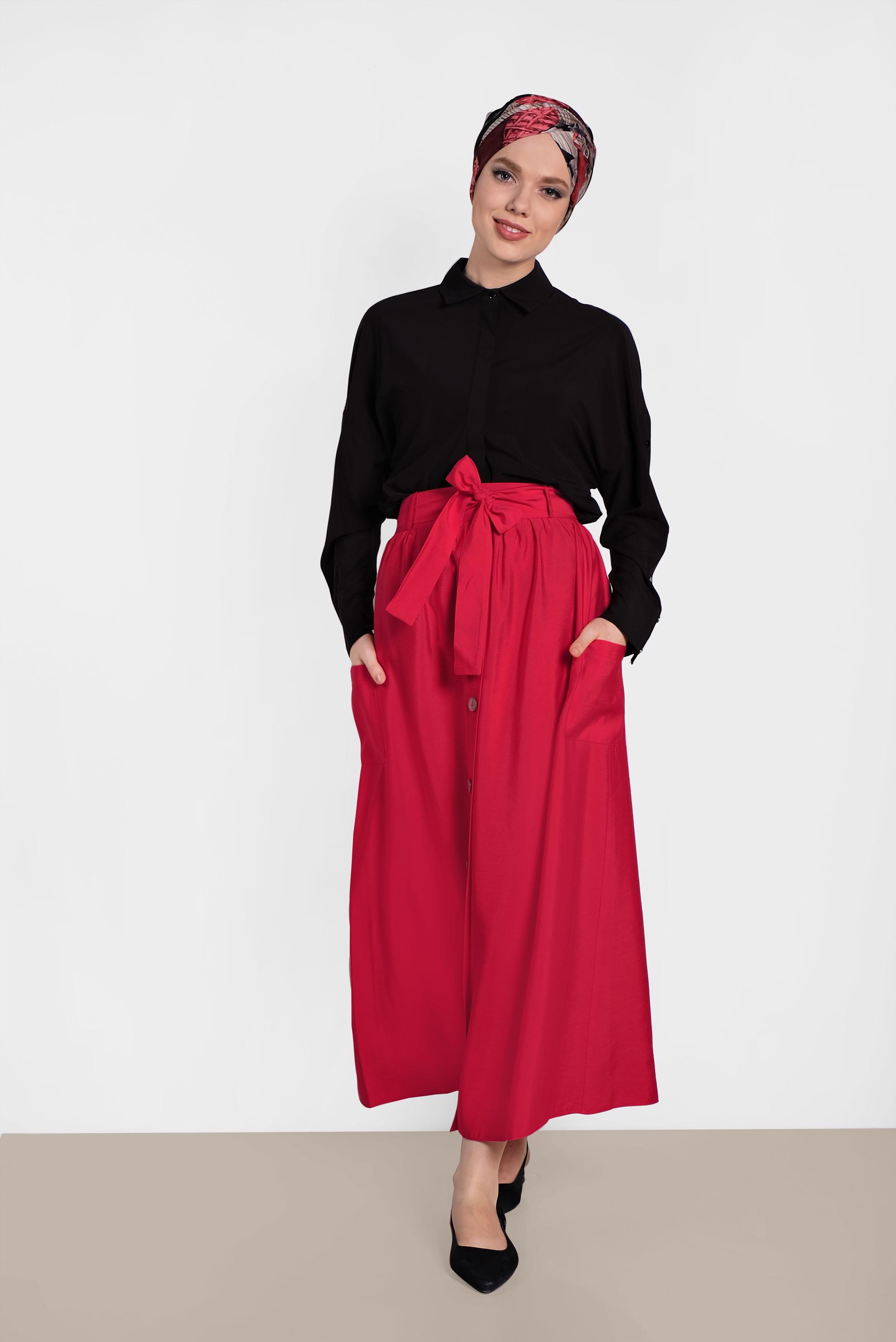 Tesettür giyim KIRMIZI BELİ KUŞAKLI DÜĞMELİ ETEK 6380