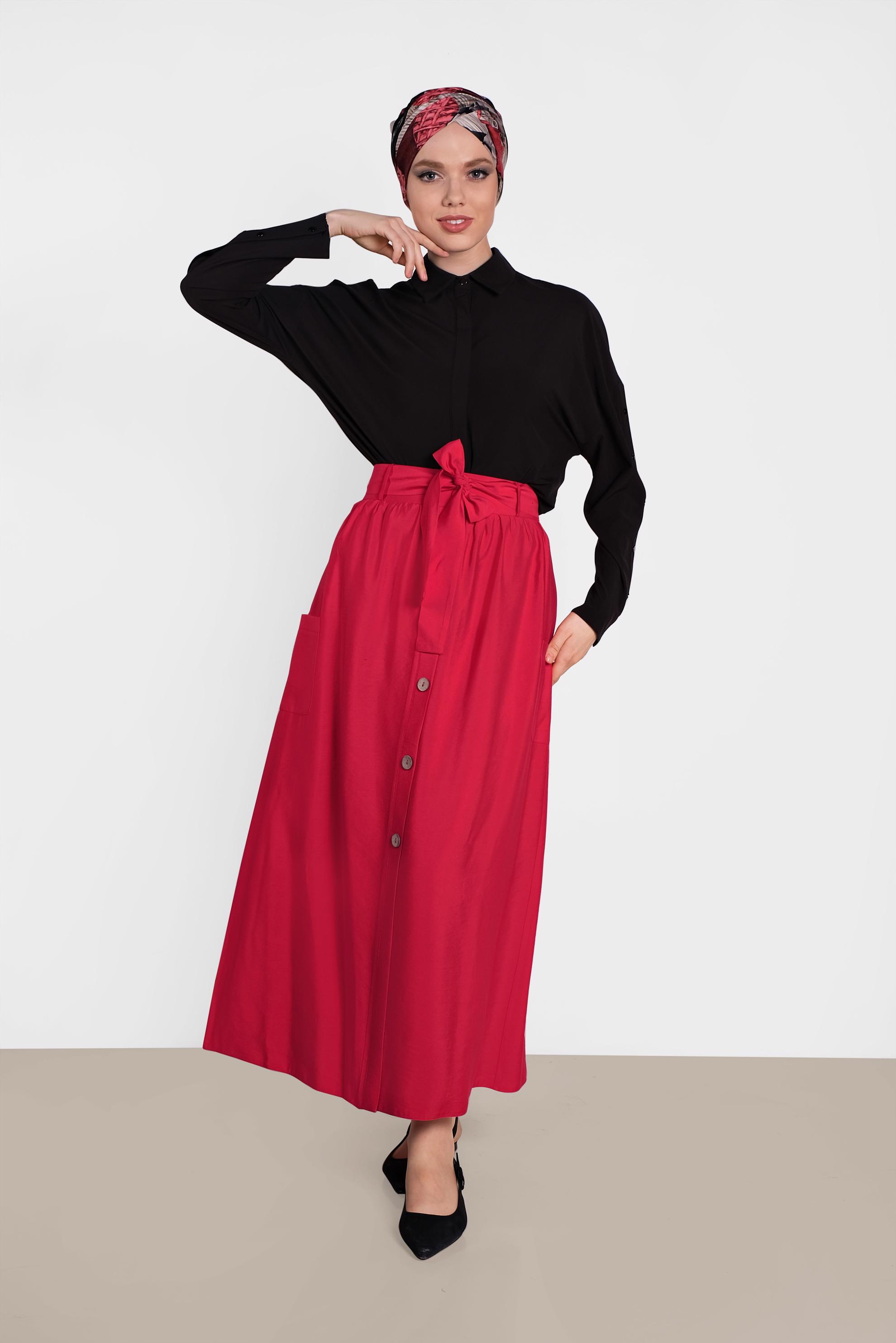Tesettür giyim KIRMIZI BELİ KUŞAKLI DÜĞMELİ ETEK 6380