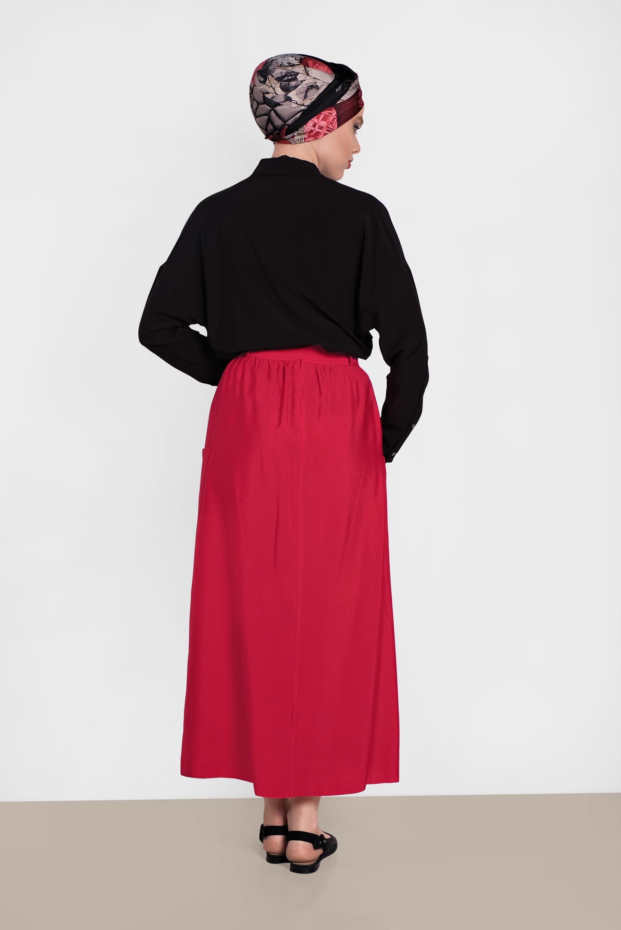 Tesettür giyim KIRMIZI BELİ KUŞAKLI DÜĞMELİ ETEK 6380