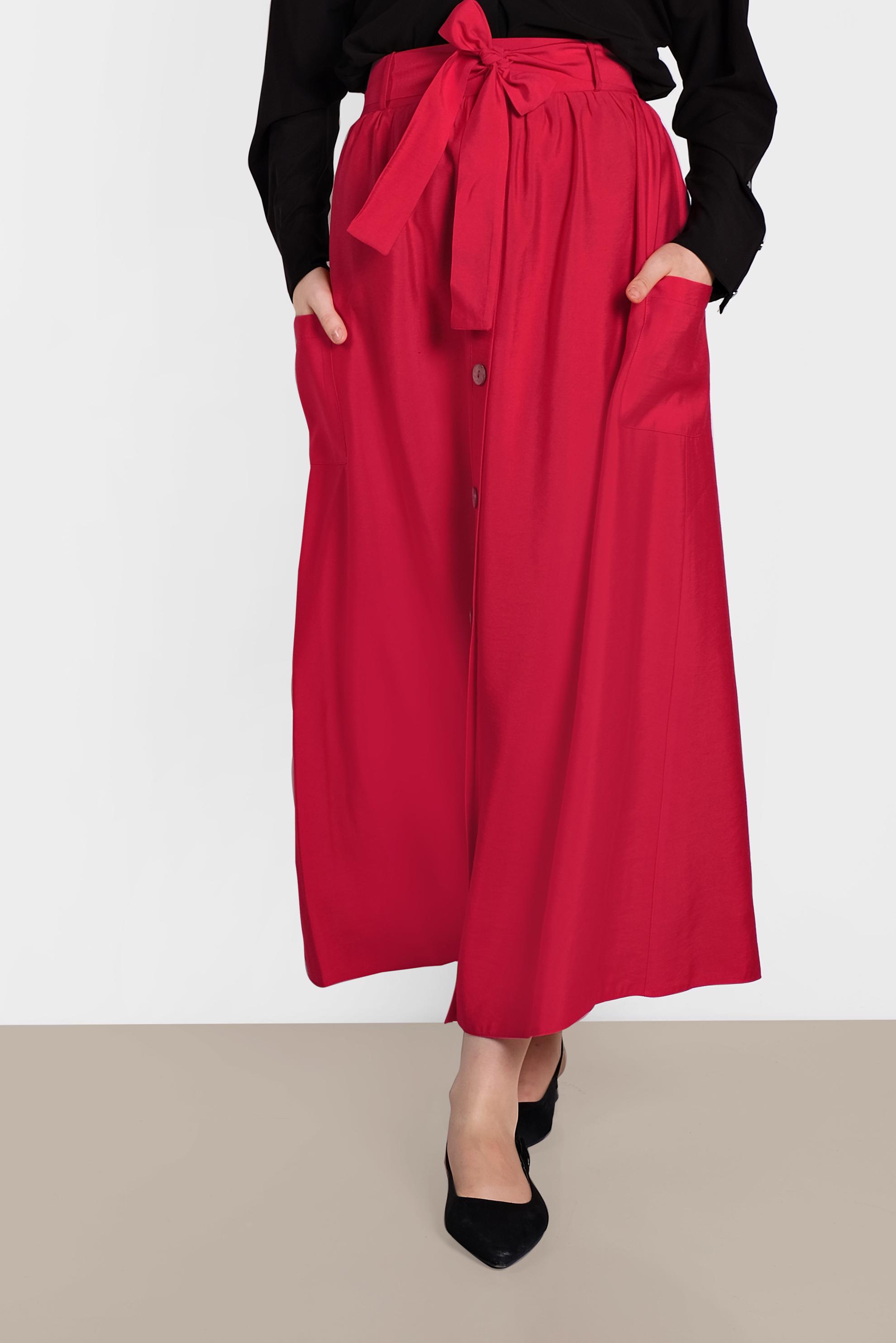 Tesettür giyim KIRMIZI BELİ KUŞAKLI DÜĞMELİ ETEK 6380