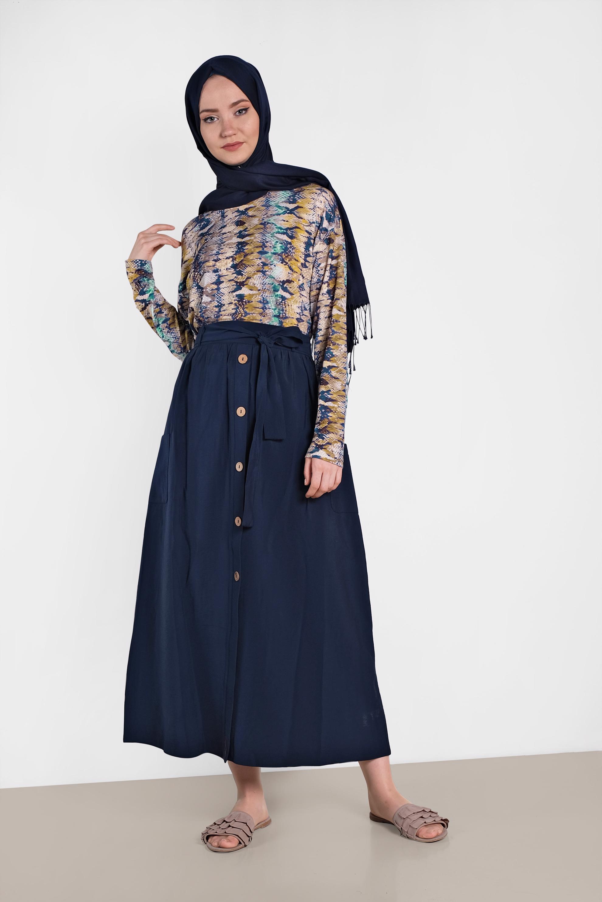 Tesettür giyim LACİVERT BELİ KUŞAKLI DÜĞMELİ ETEK 6380