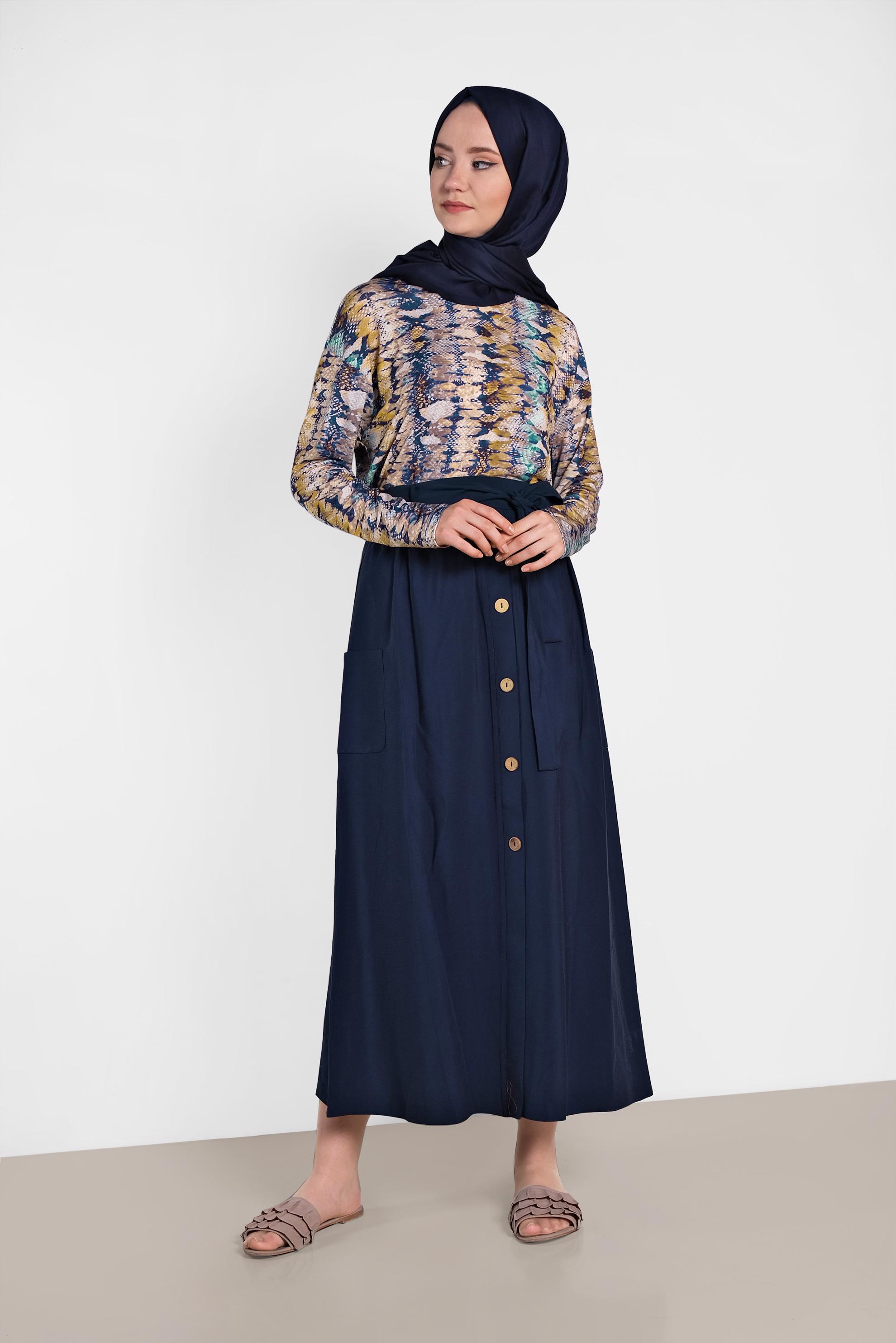 Tesettür giyim LACİVERT BELİ KUŞAKLI DÜĞMELİ ETEK 6380