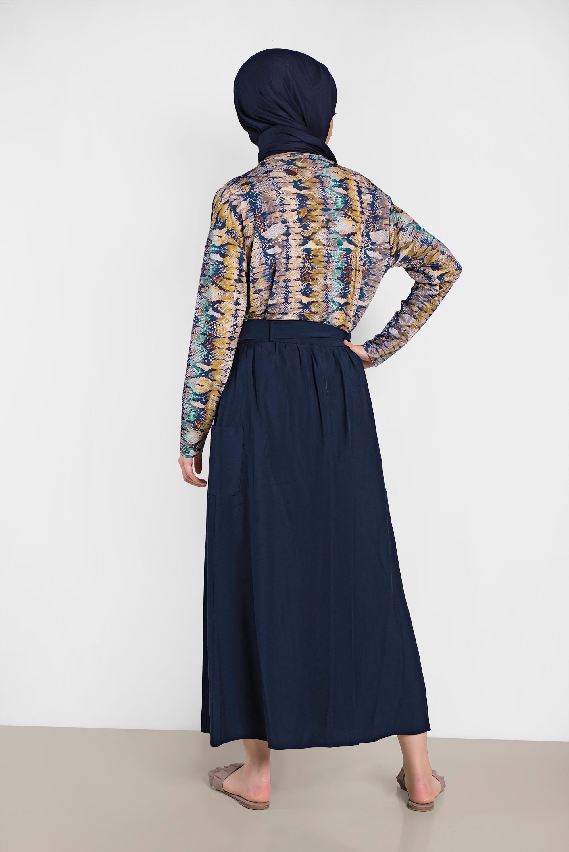 Tesettür giyim LACİVERT BELİ KUŞAKLI DÜĞMELİ ETEK 6380