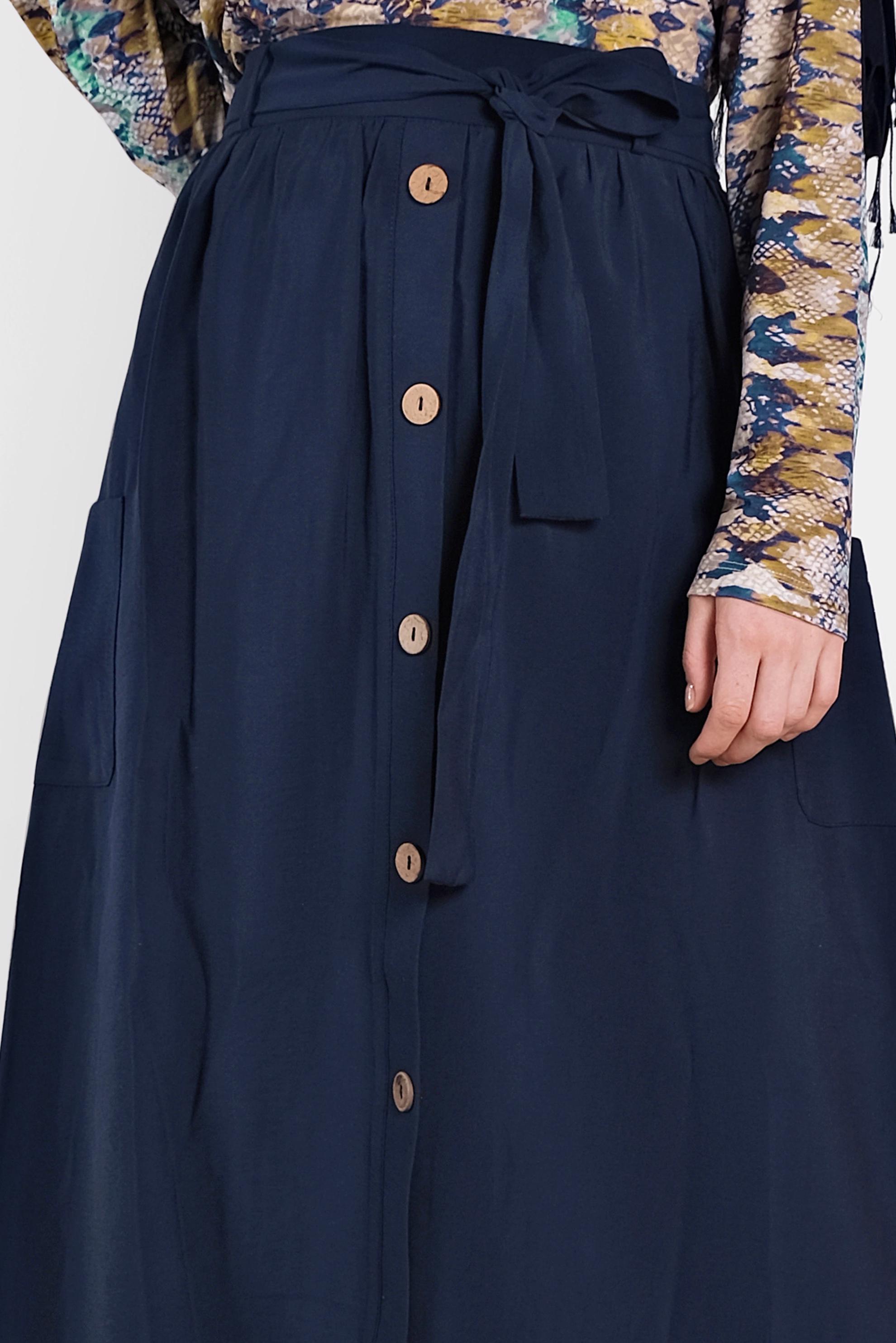 Tesettür giyim LACİVERT BELİ KUŞAKLI DÜĞMELİ ETEK 6380