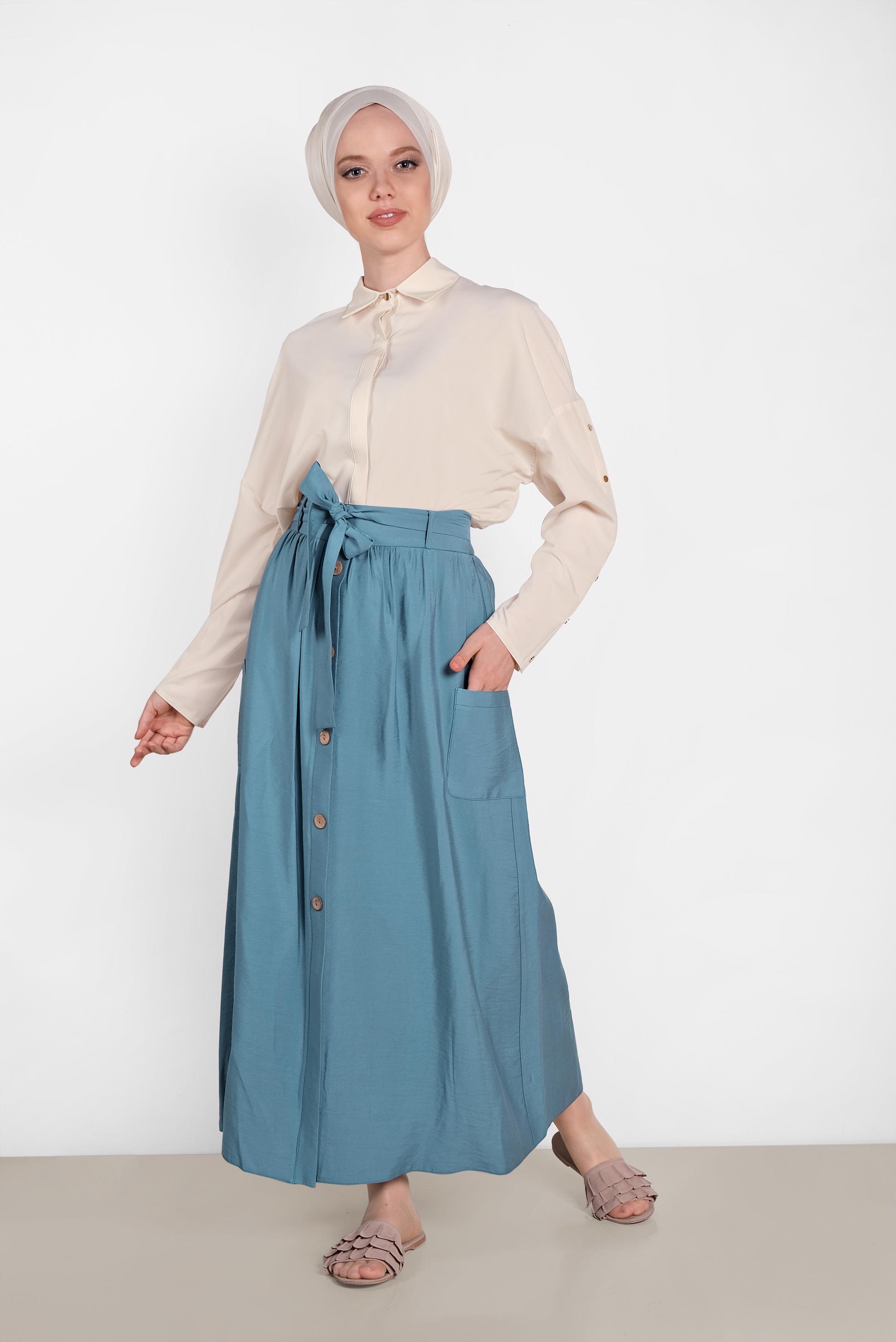 Tesettür giyim MAVİ BELİ KUŞAKLI DÜĞMELİ ETEK 6380