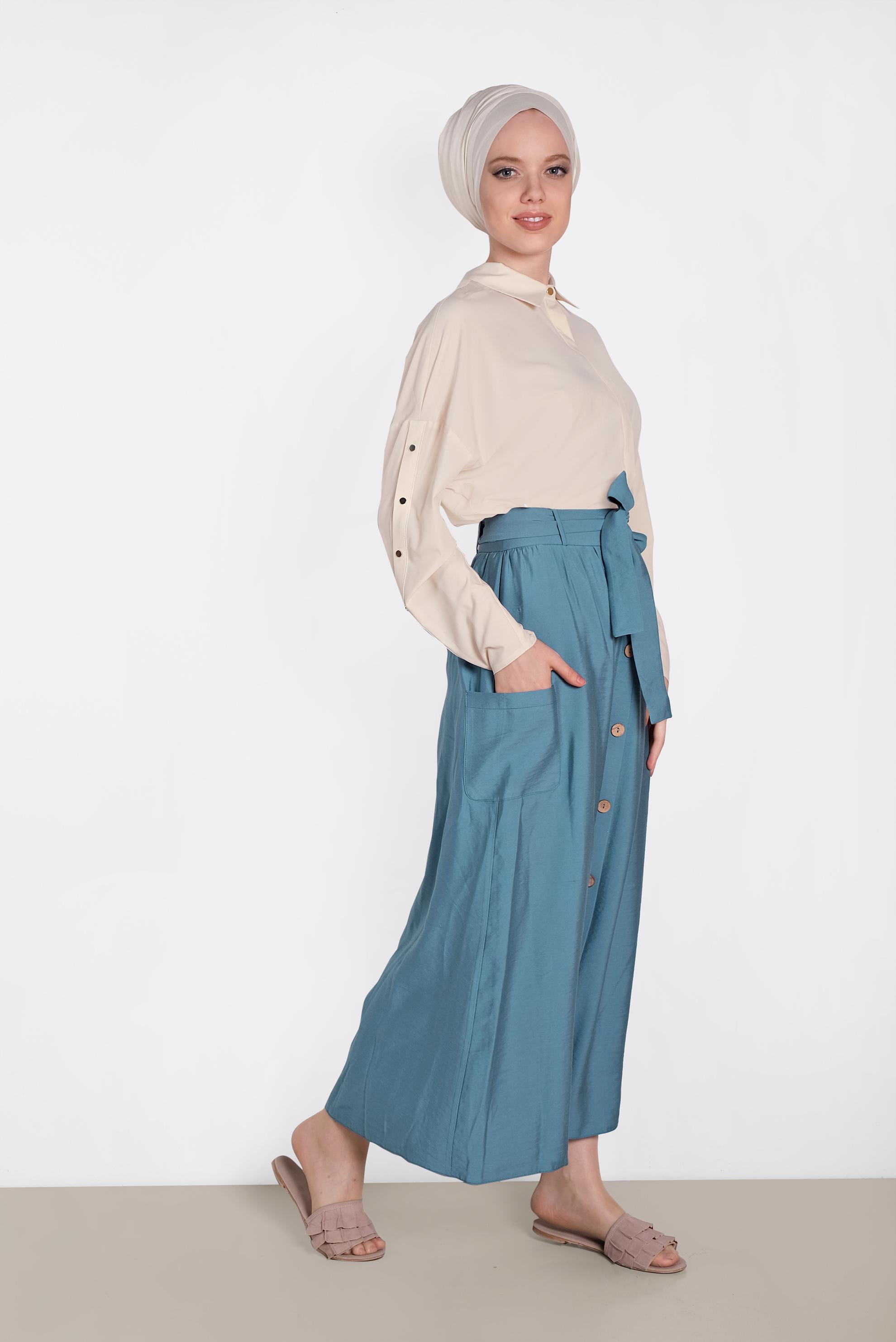 Tesettür giyim MAVİ BELİ KUŞAKLI DÜĞMELİ ETEK 6380