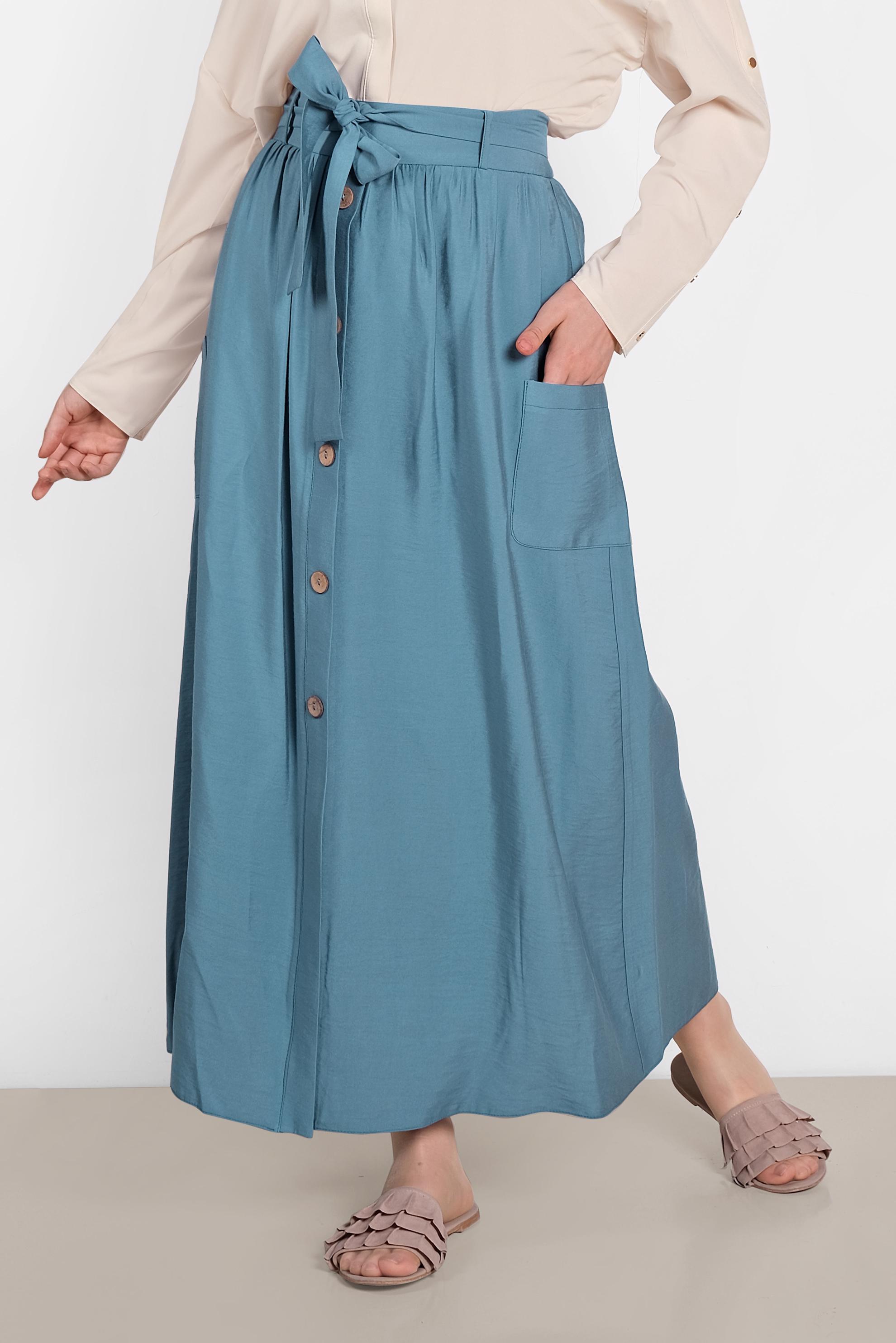 Tesettür giyim MAVİ BELİ KUŞAKLI DÜĞMELİ ETEK 6380