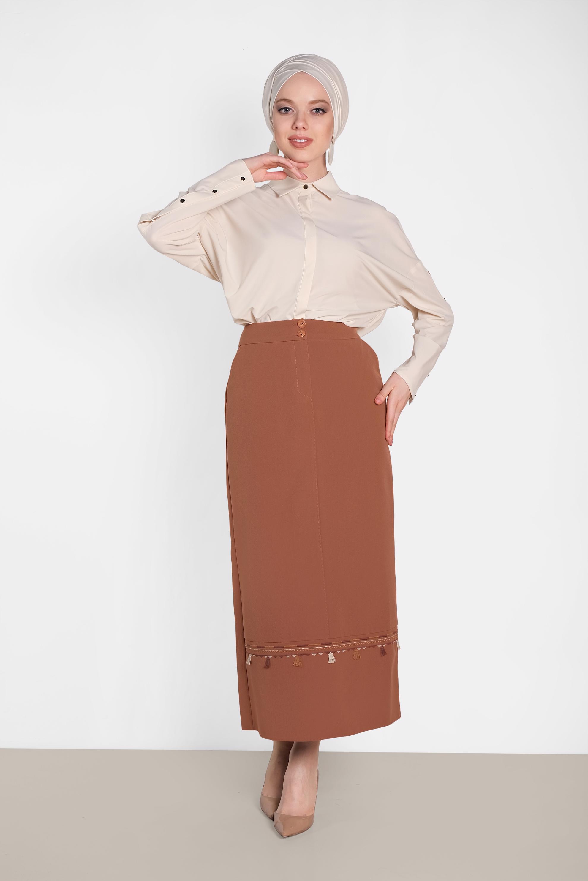 Tesettür giyim TABA NAKIŞ DETAYLI ETEK 6381