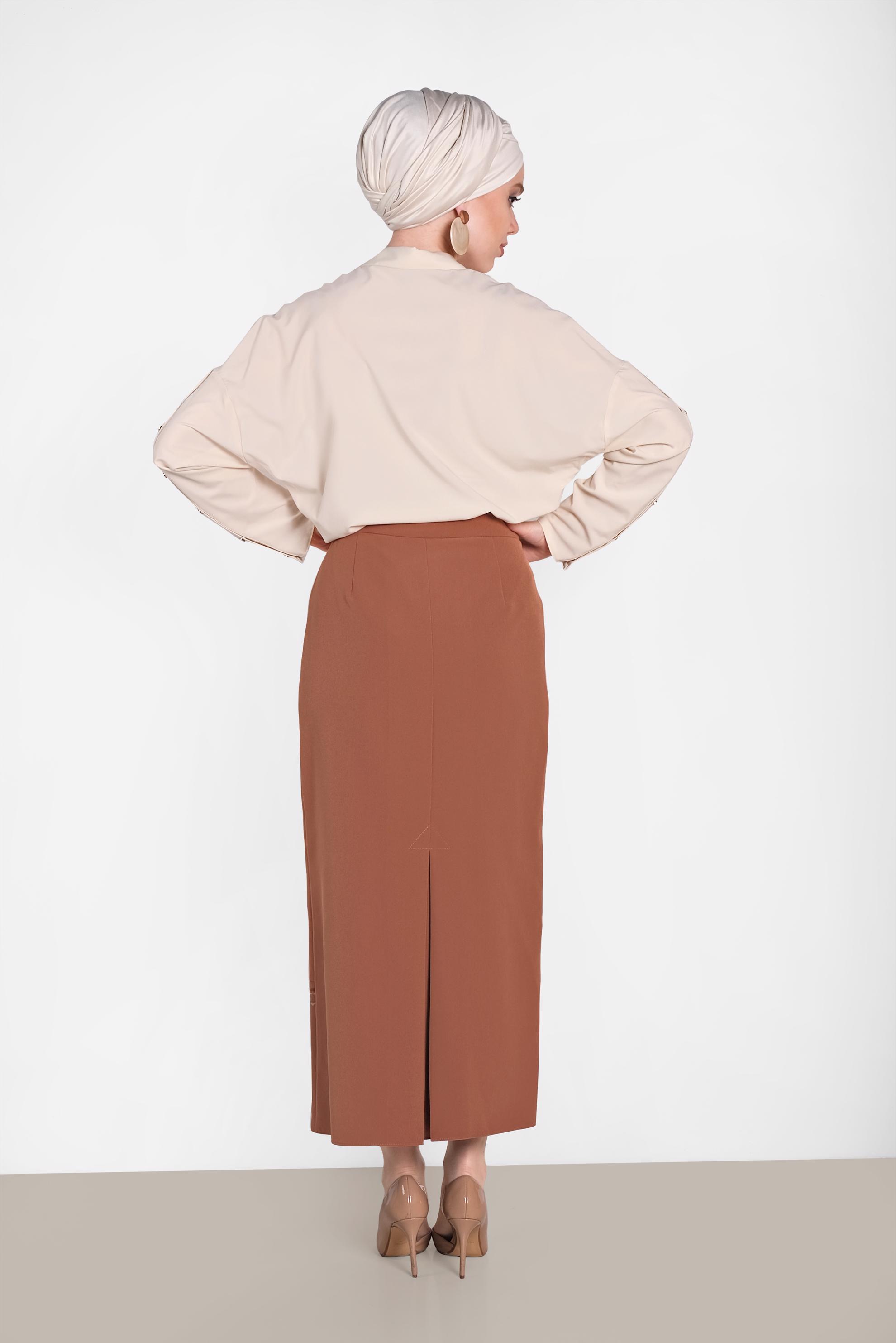 Tesettür giyim TABA NAKIŞ DETAYLI ETEK 6381