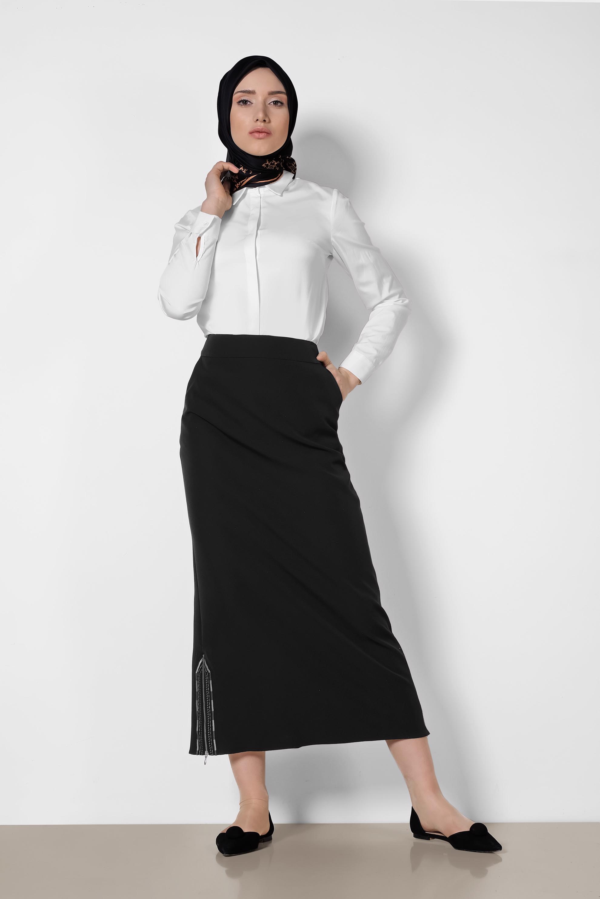 Tesettür giyim SİYAH ETEK UCU FERMUARLI CEPLİ ETEK 6382