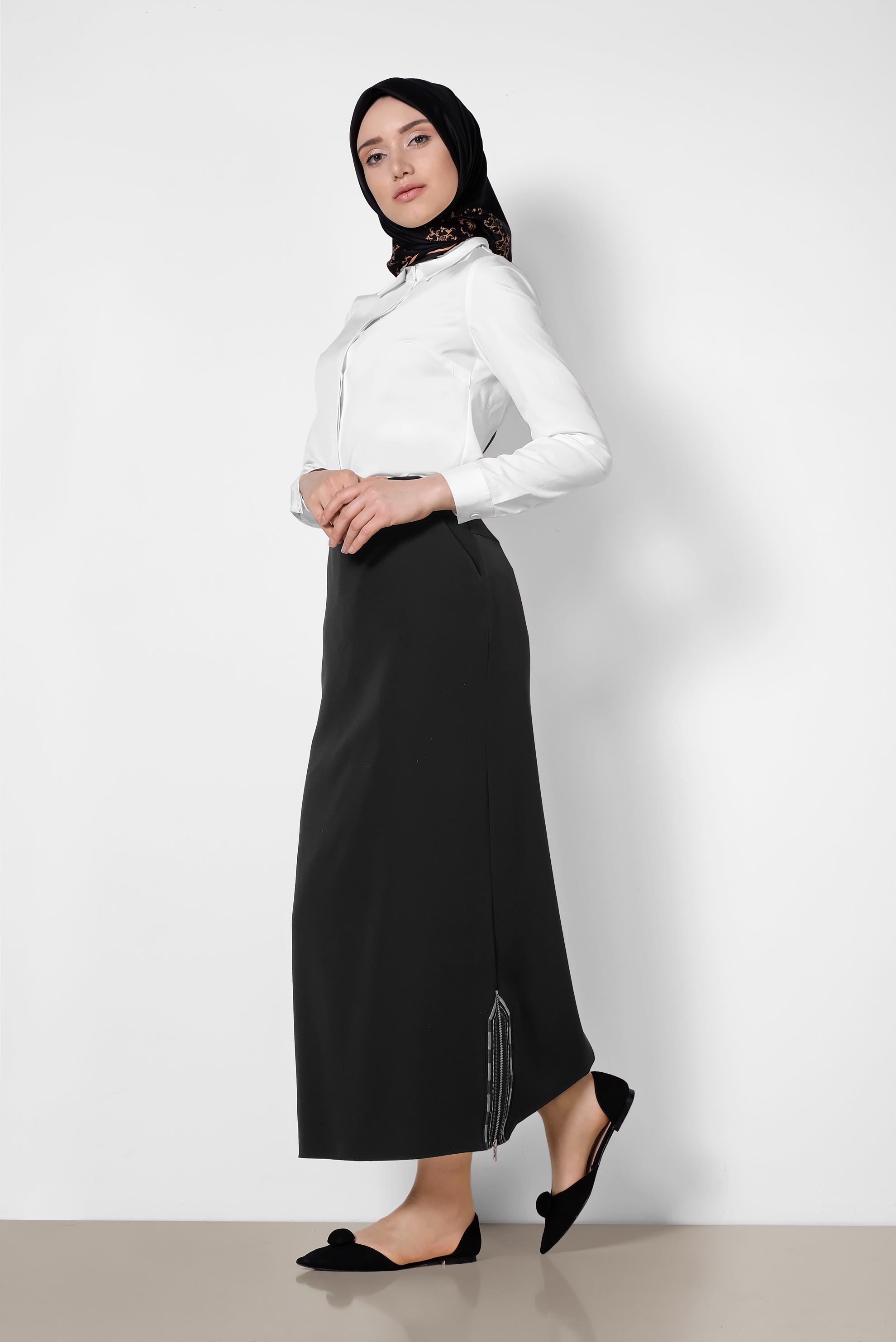 Tesettür giyim SİYAH ETEK UCU FERMUARLI CEPLİ ETEK 6382
