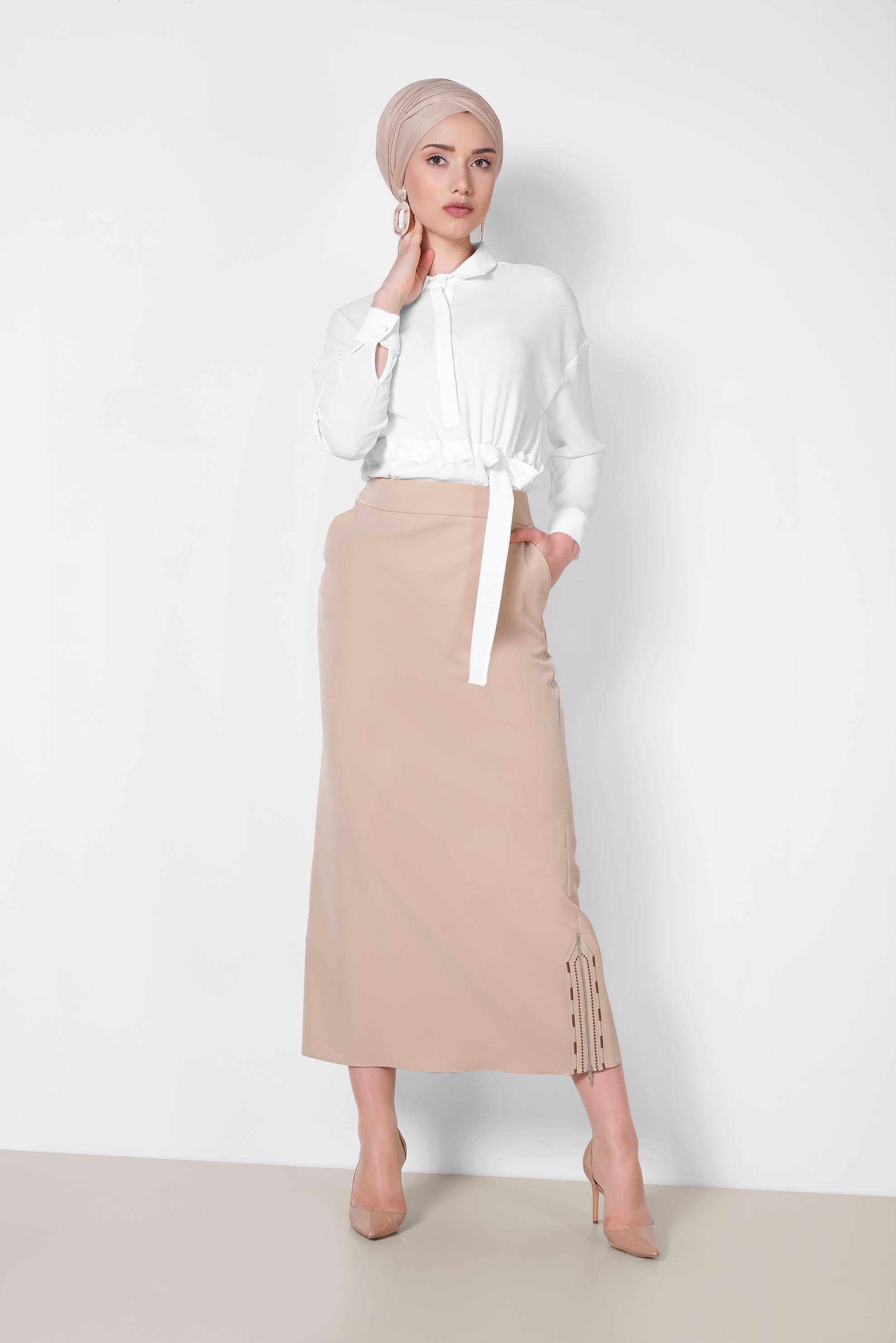 Tesettür giyim BEJ ETEK UCU FERMUARLI CEPLİ ETEK 6382