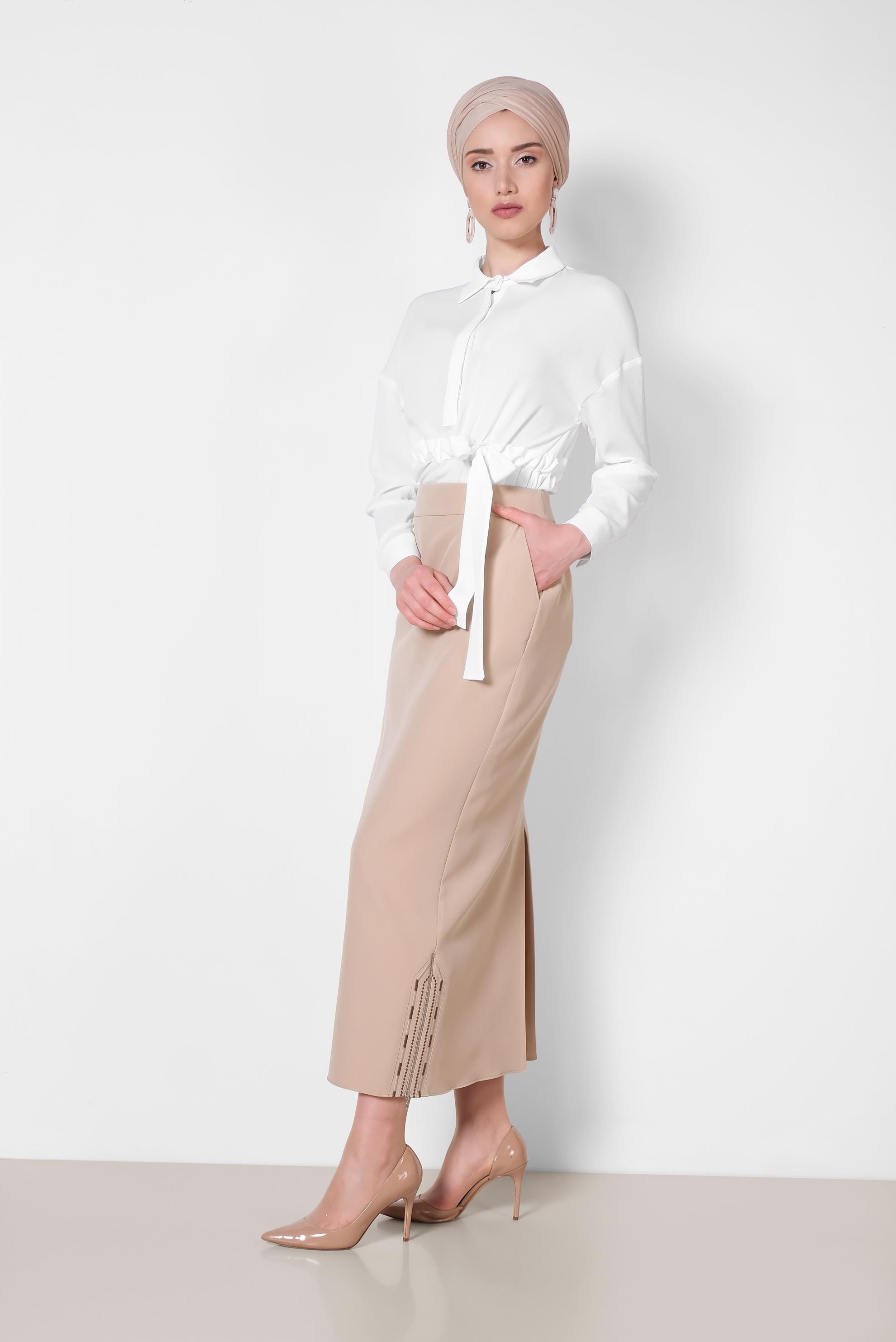 Tesettür giyim BEJ ETEK UCU FERMUARLI CEPLİ ETEK 6382