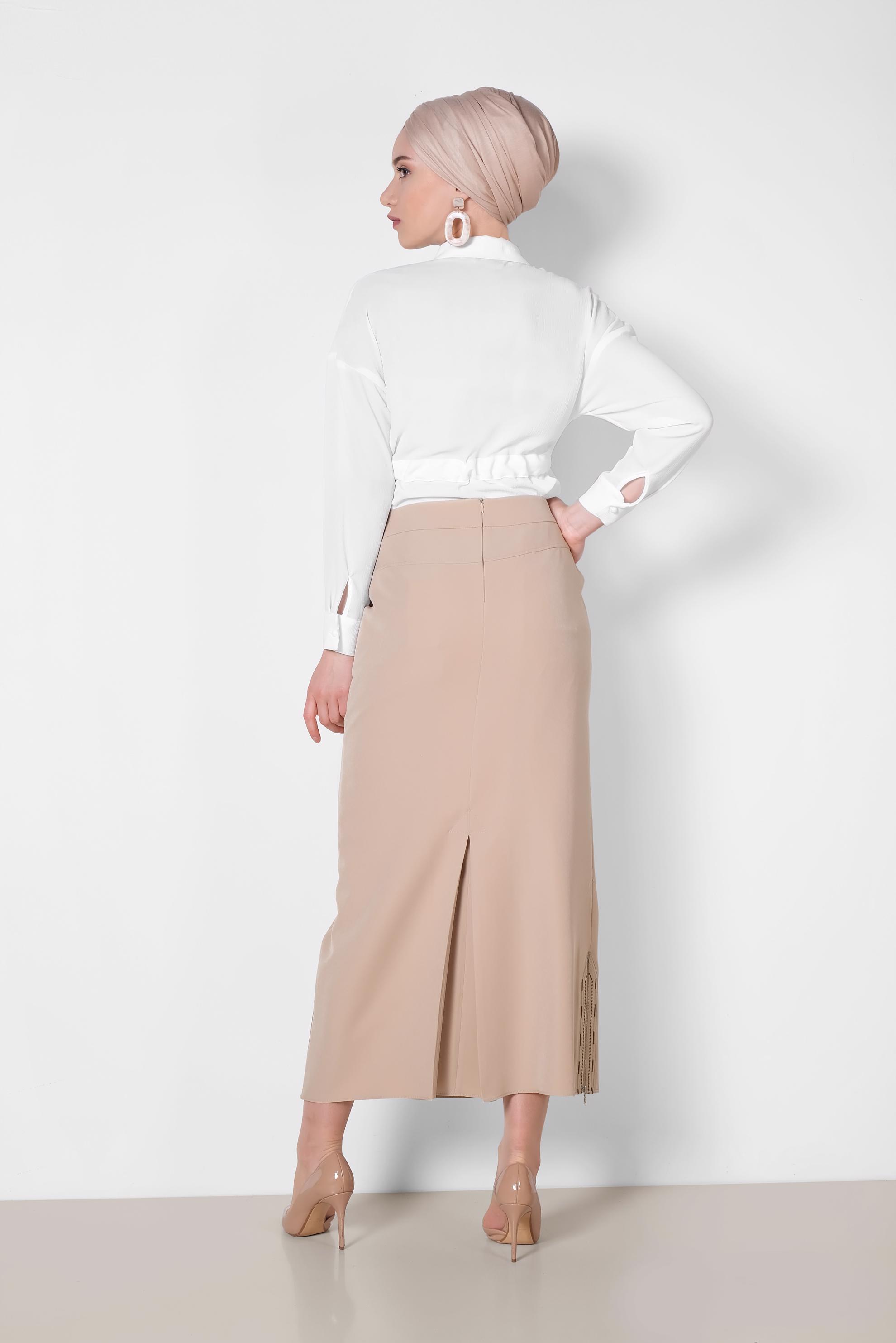 Tesettür giyim BEJ ETEK UCU FERMUARLI CEPLİ ETEK 6382