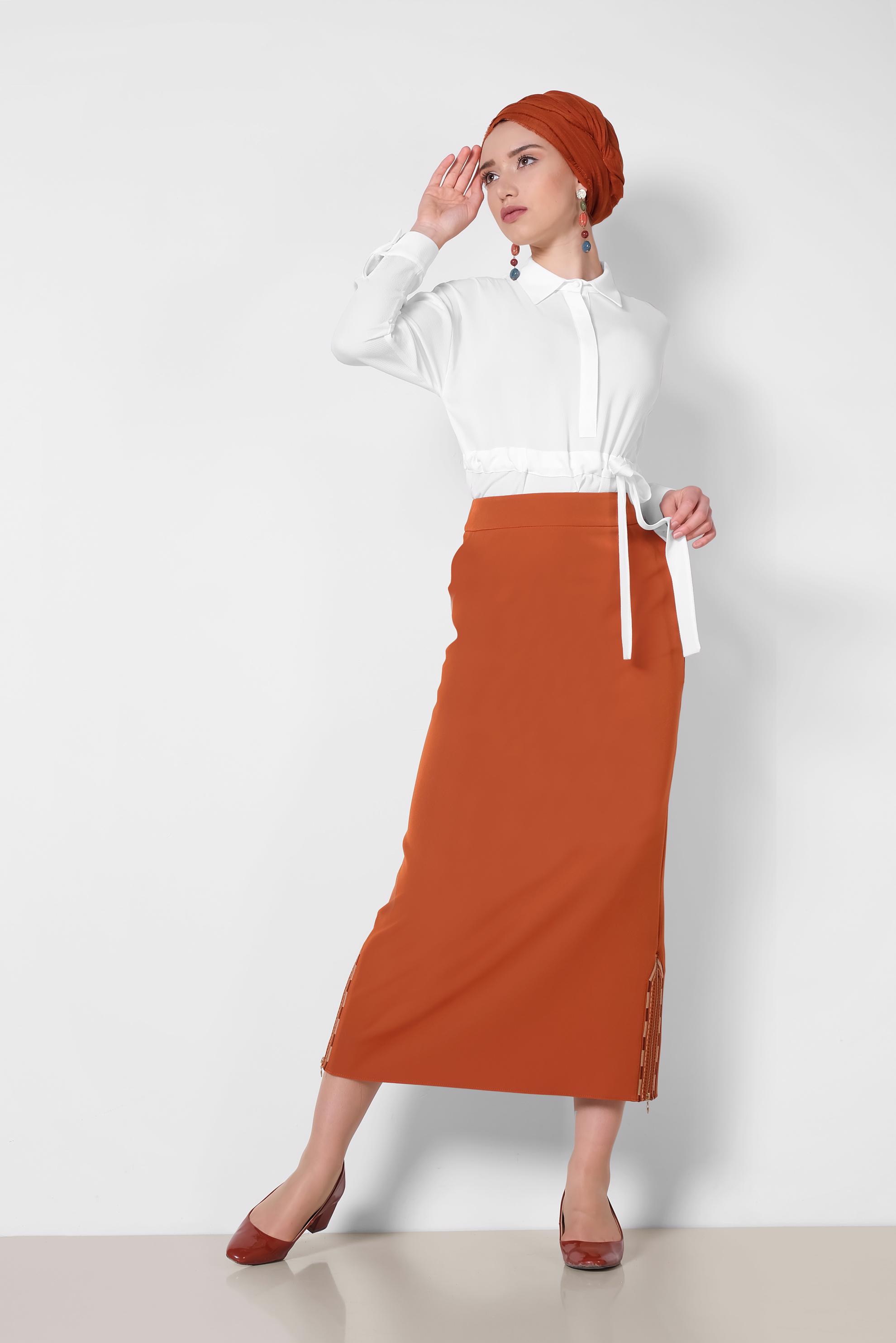 Tesettür giyim TURUNCU ETEK UCU FERMUARLI CEPLİ ETEK 6382