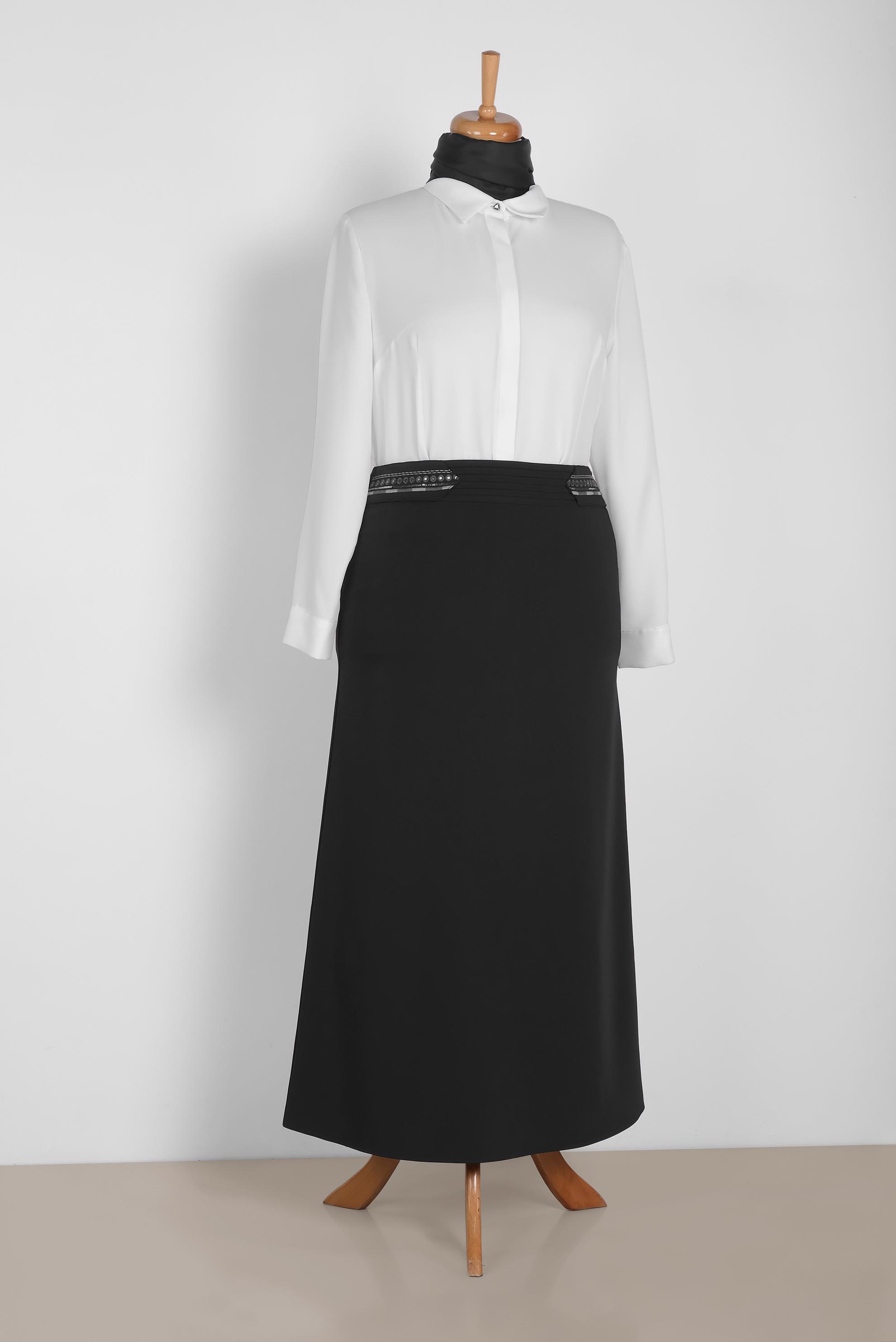 Tesettür giyim SİYAH PUL VE NAKIŞ DETAYLI ETEK 6383