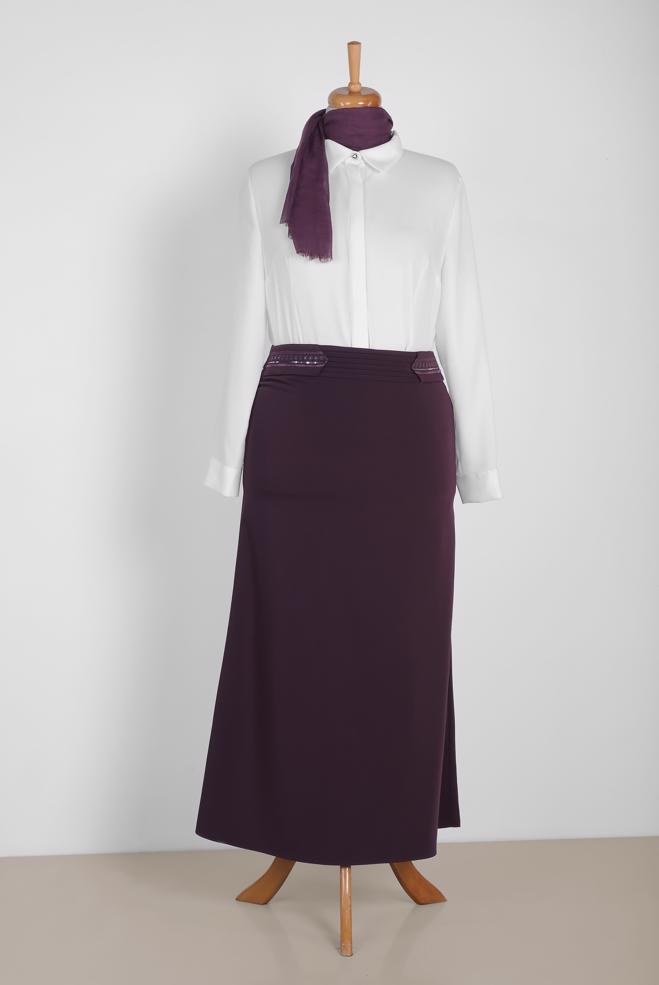 Tesettür giyim MOR PUL VE NAKIŞ DETAYLI ETEK 6383 - ALVİNA