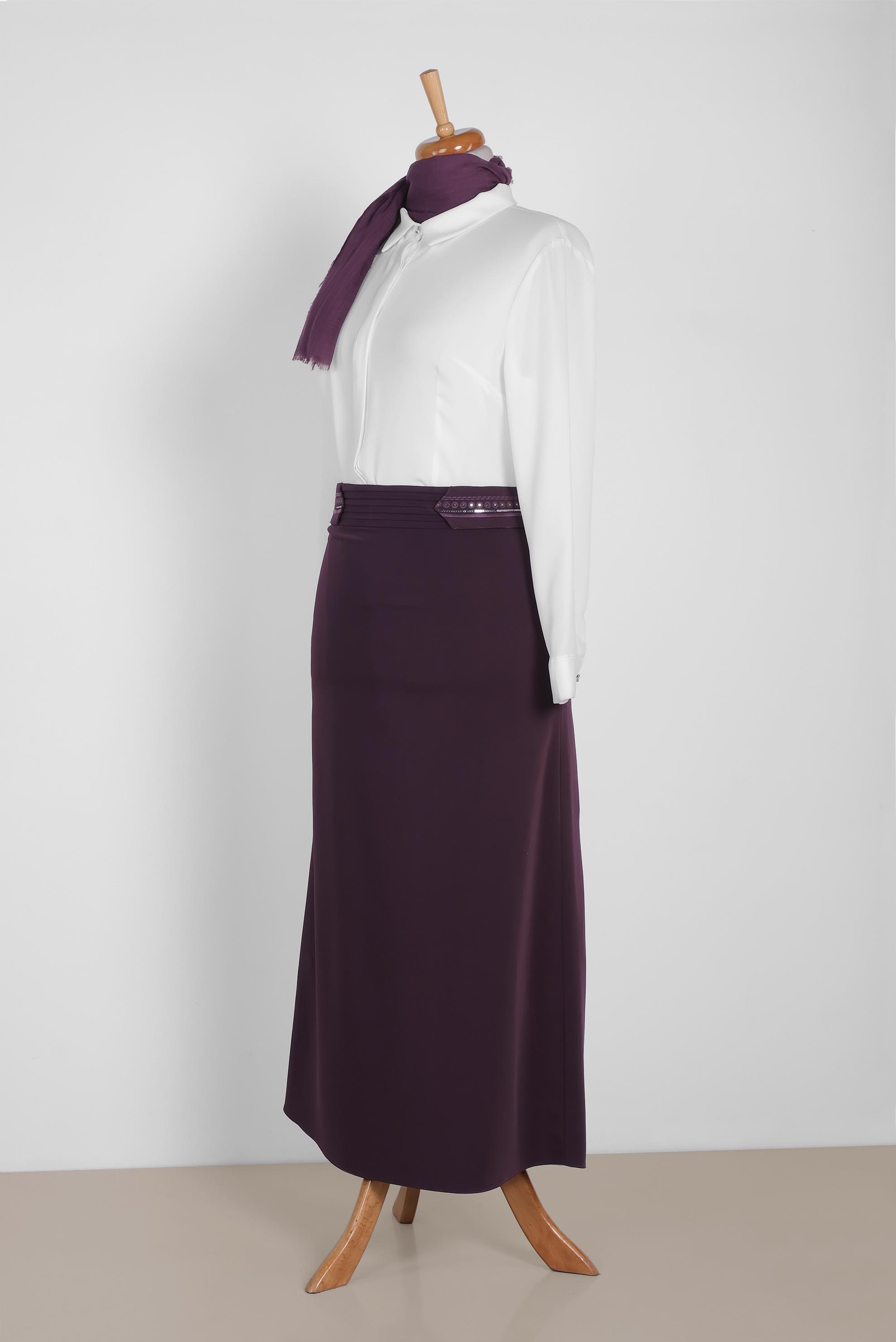 Tesettür giyim MOR PUL VE NAKIŞ DETAYLI ETEK 6383