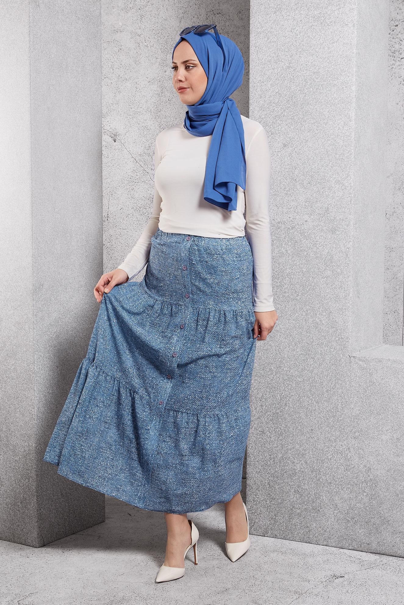 Tesettür giyim MAVİ DÜĞME DETAYLI ETEK 6329-1