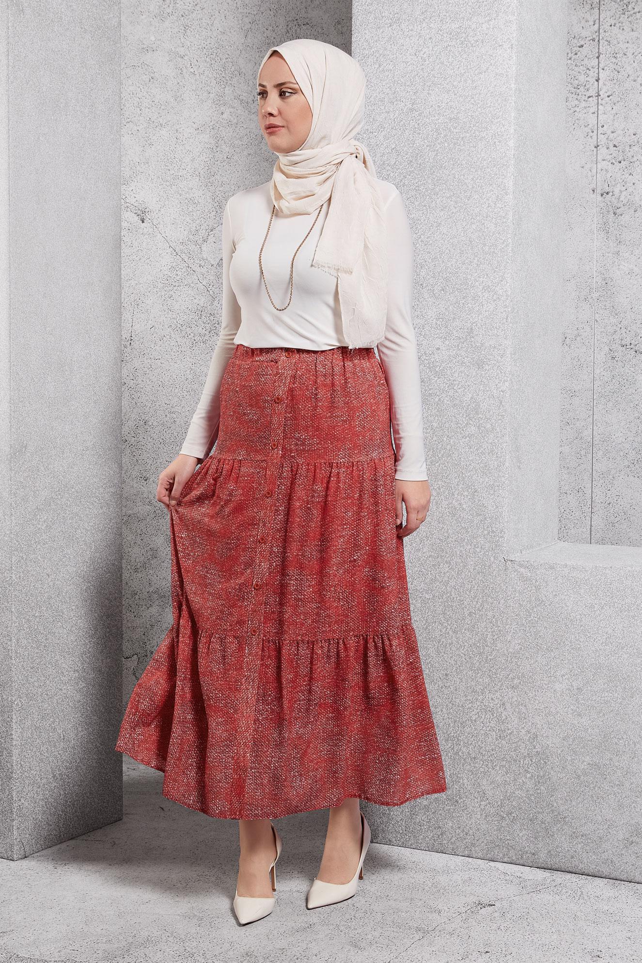 Tesettür giyim BORDO DÜĞME DETAYLI ETEK 6329-1