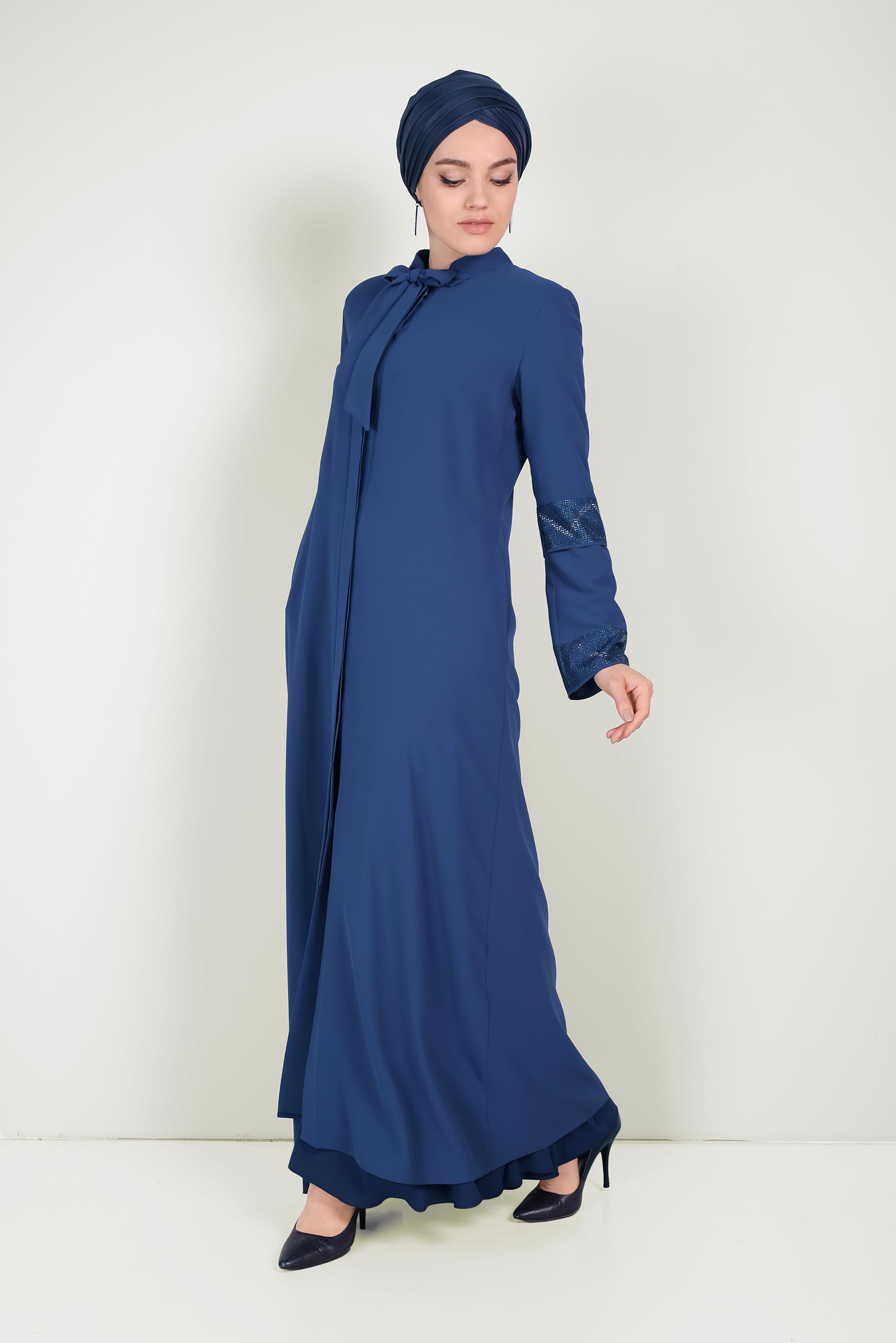 Tesettür giyim LACİVERT KOLLARI TAŞLI YAKASI BAĞCIKLI FERACE 80003
